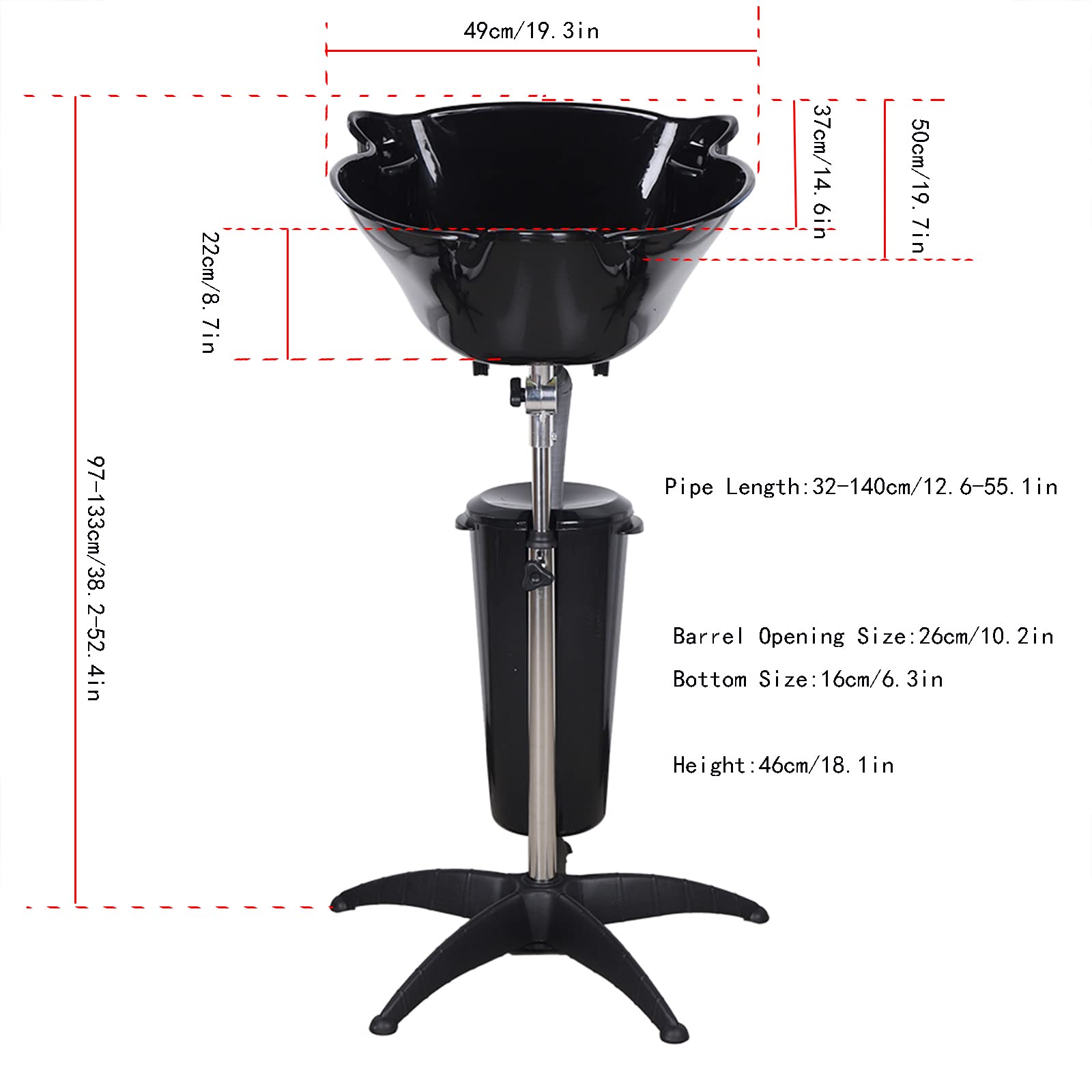 **Adjustable Height Portable Salon Shampoo Sink with Drain Hose - Deep Hair Washing Basin for Barber & Salon (103-139cm, Black) - Perfect for Backwash, Hair Treatment & Styling Services**