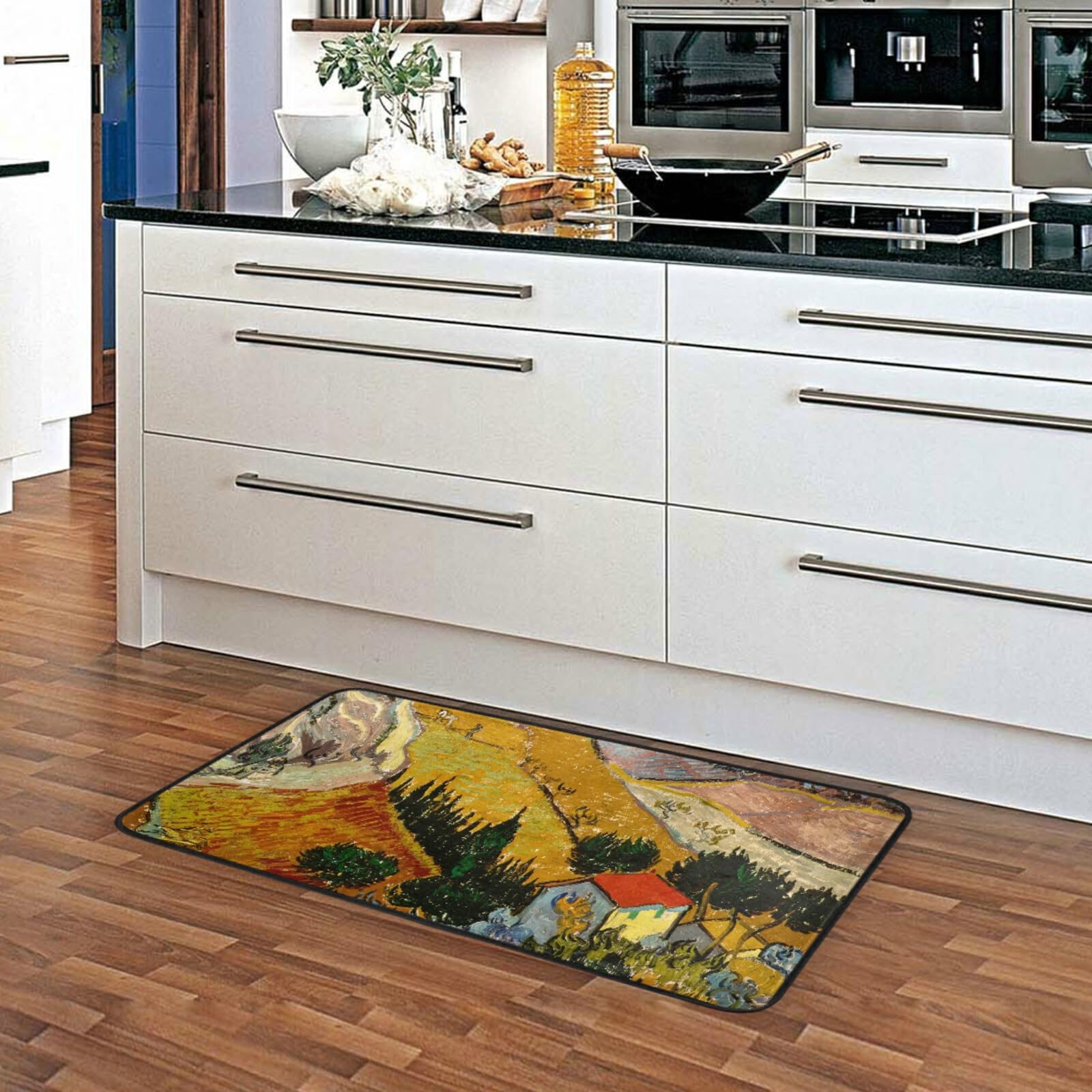 Non-Slip Washable Kitchen Rugs and Mats - Van Gogh Painting Inspired Gold Absorbent Floor Mat with Cushioning, Perfect for Sink Areas in Farmhouse Kitchens, Bathrooms & Home Use (39x20 Inch) - Ideal for High-Traffic Areas, Spill Protection & Comfort While Cooking