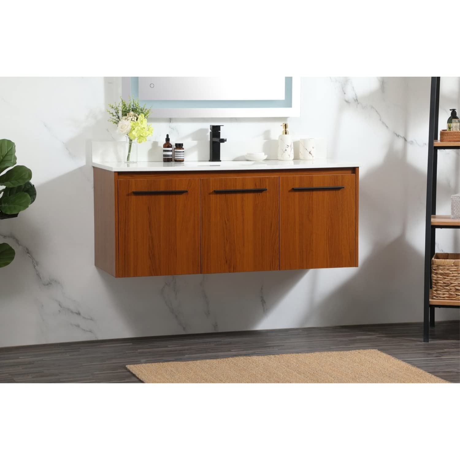 48 Inch Teak Single Bathroom Vanity with Backsplash - Modern Waterproof Bathroom Cabinet for Small Space, Perfect for Apartments and Condos