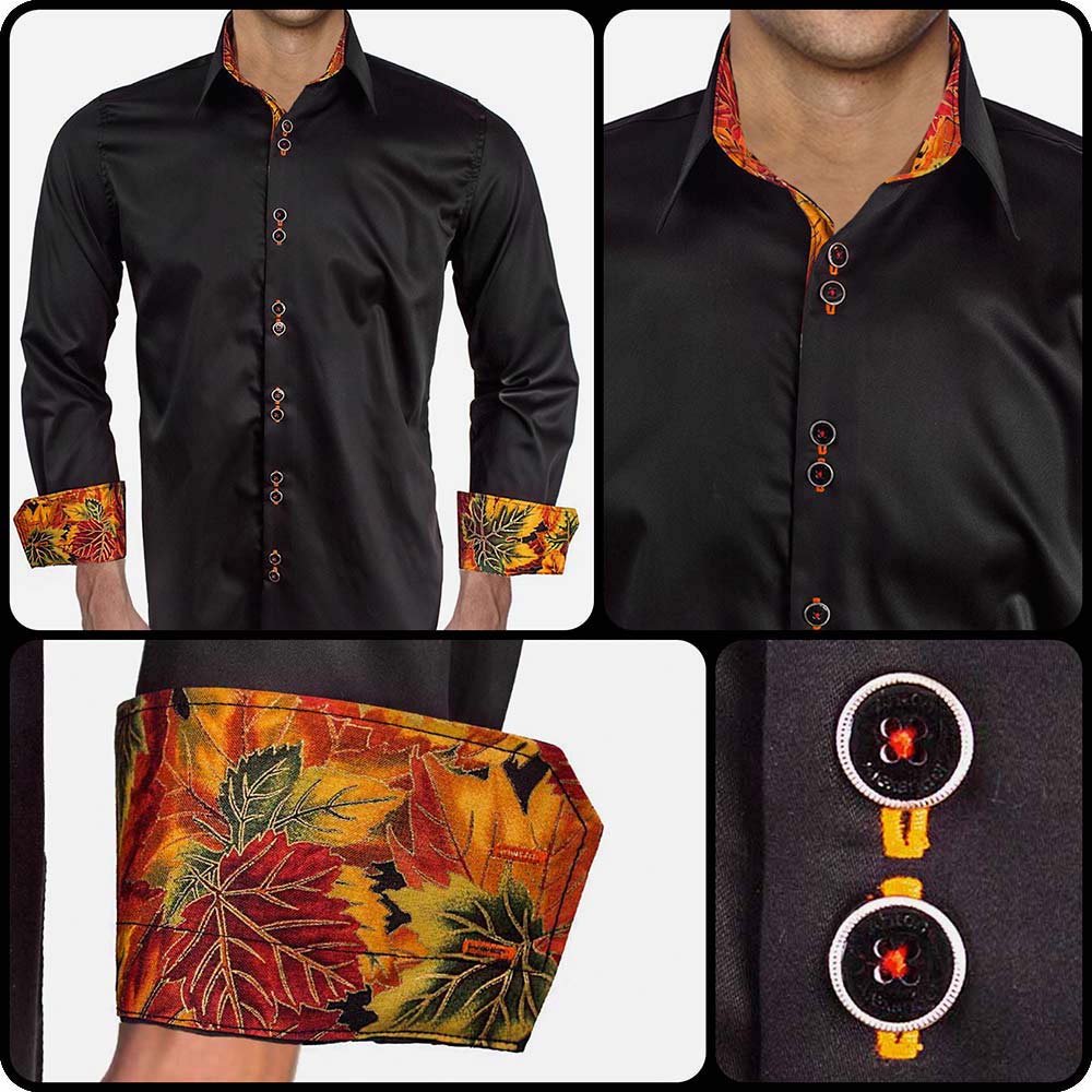 Premium Black Dress Shirts with Elegant Metallic Leaf Design - 100% Made in USA - Perfect for Business Meetings, Weddings & Formal Occasions