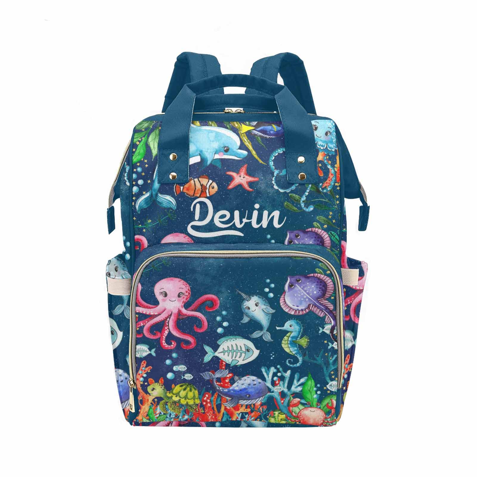 Personalized Dolphin Octopus Sea Creatures Diaper Backpack - Custom Name Baby Bag for Travel, Hiking & Casual Daypack - Unisex Diapering Bag for Teens & Adults - Perfect for Outdoor Adventures & Parenting On-The-Go