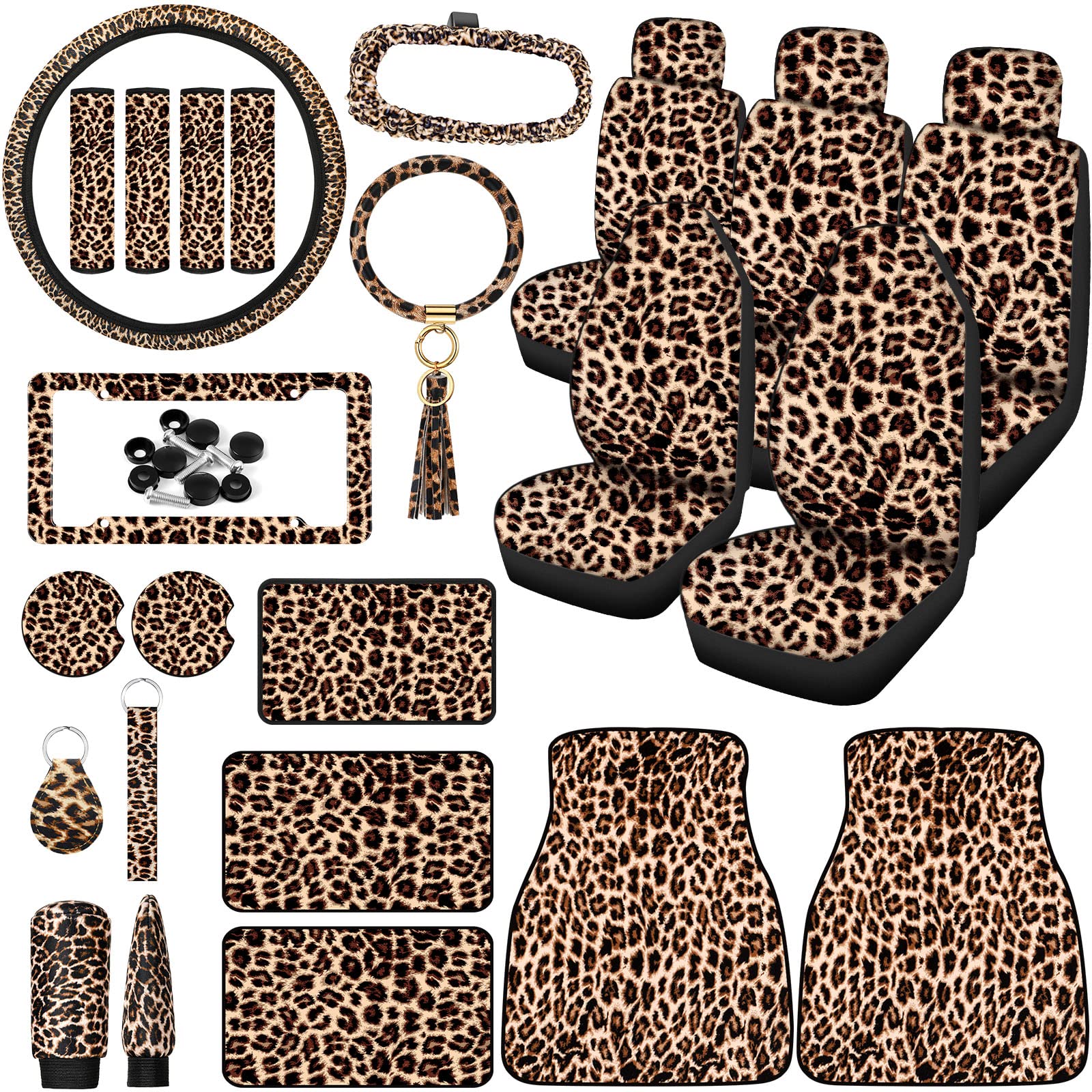 26-Piece Leopard Print Car Accessories Set - Full Seat Covers, Steering Wheel Cover, License Plate Frame & Mirror Covers - Cheetah Print for Cars, SUVs & Trucks - Perfect for Wild Style Customization & Interior Upgrade