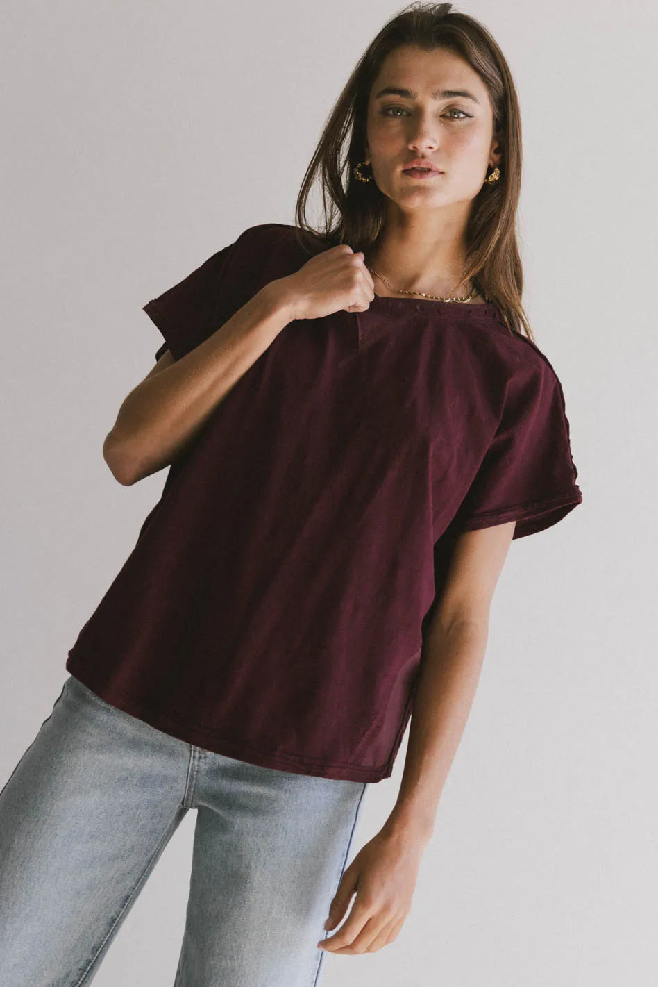 Stylish Indy Contrast Top in Burgundy - Women's Fashion Blouse for Casual & Evening Wear | Final Sale