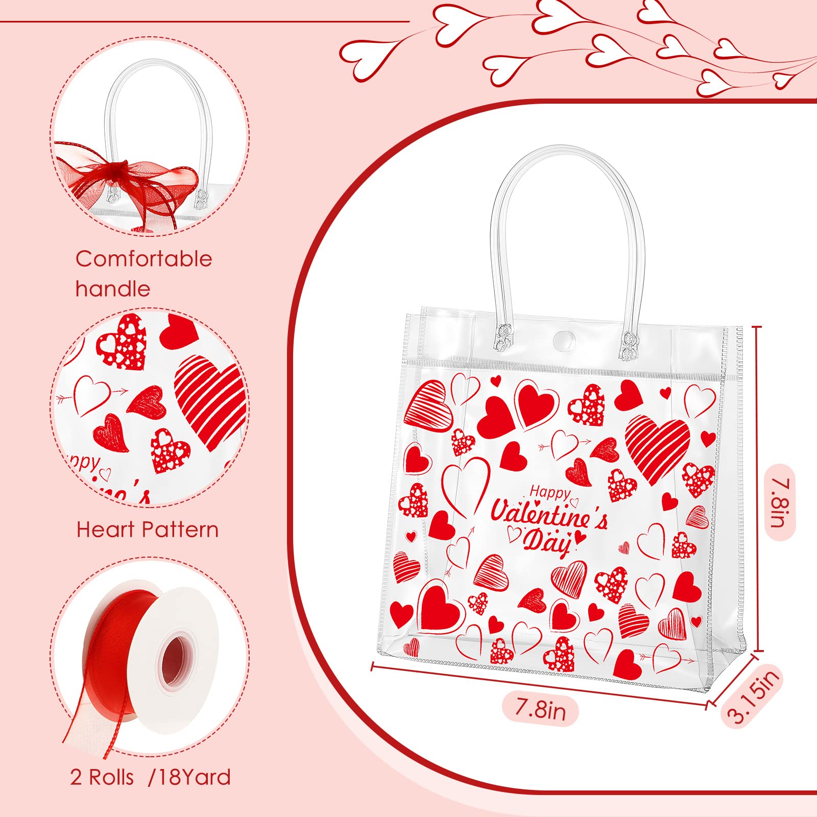 Amylove 24 Pcs Valentine's Day Clear PVC Gift Bags with Handles - Heart & Red Design for Valentine's Party Favors, Galentine's Day Celebrations & Classroom Treats