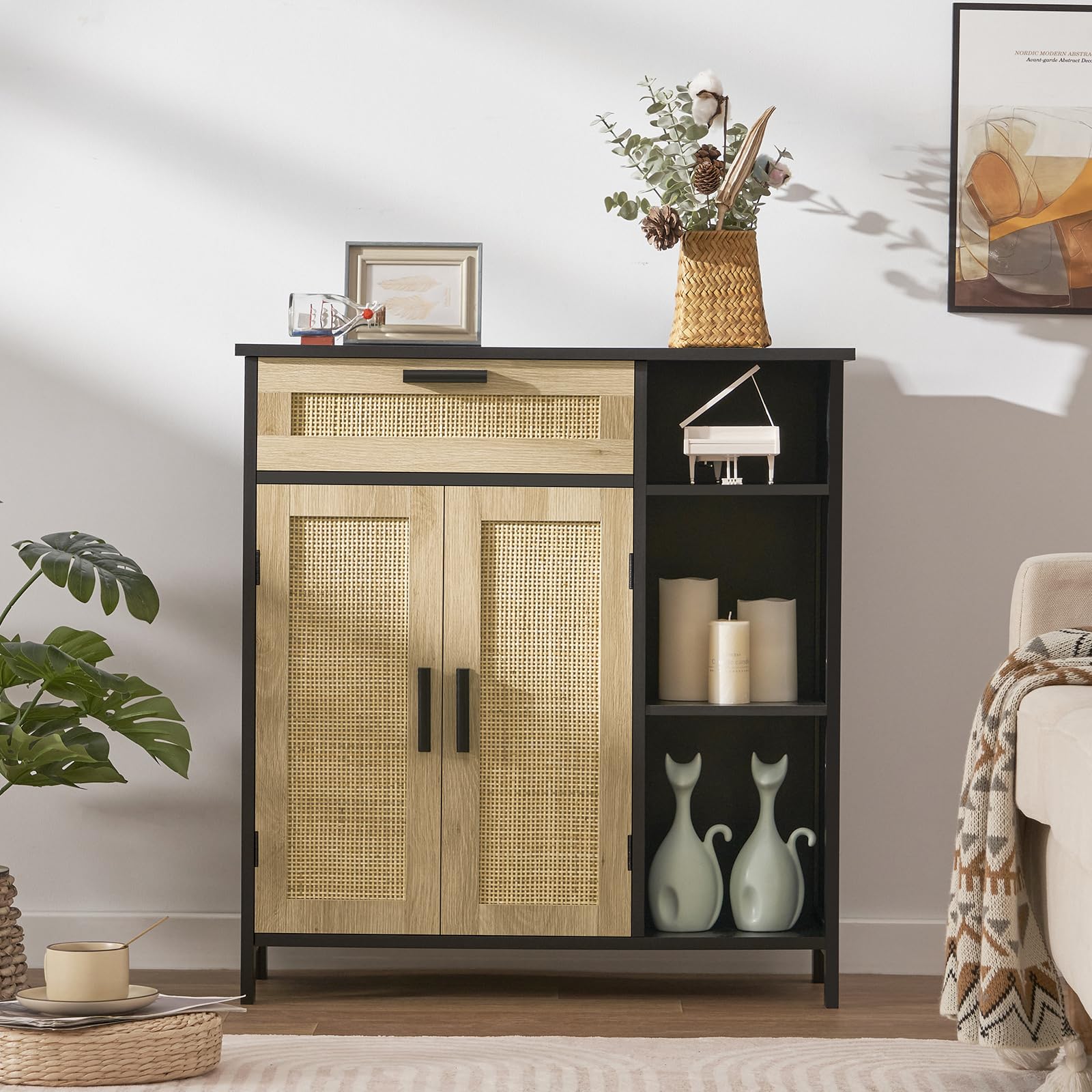 WEENFON Rattan Storage Cabinet with Drawer & Doors - Adjustable Shelves Sideboard Buffet Cabinet for Living Room, Entryway, Hallway - Black & Natural Wood Floor Cabinet for Home Organization & Decor