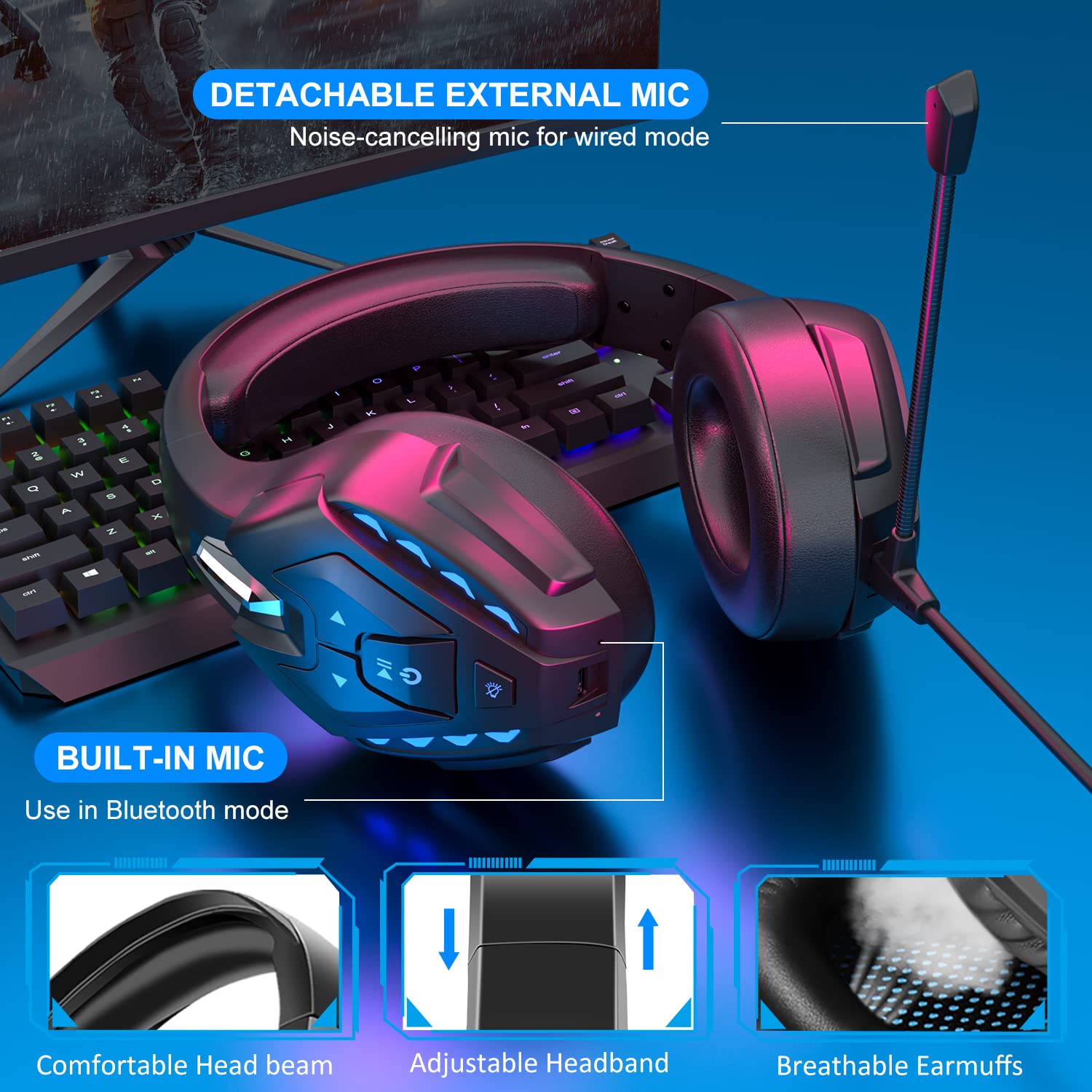 PHOINIKAS PS5 Gaming Headset - Wireless Bluetooth 5.3 Headphones with Stereo Sound & Detachable Mic for PS4, PS5, PC, Nintendo Switch, Xbox One, Laptop, Phone & Tablet - 40H Playtime (Blue) | Perfect for Gaming, Streaming & Online Meetings
