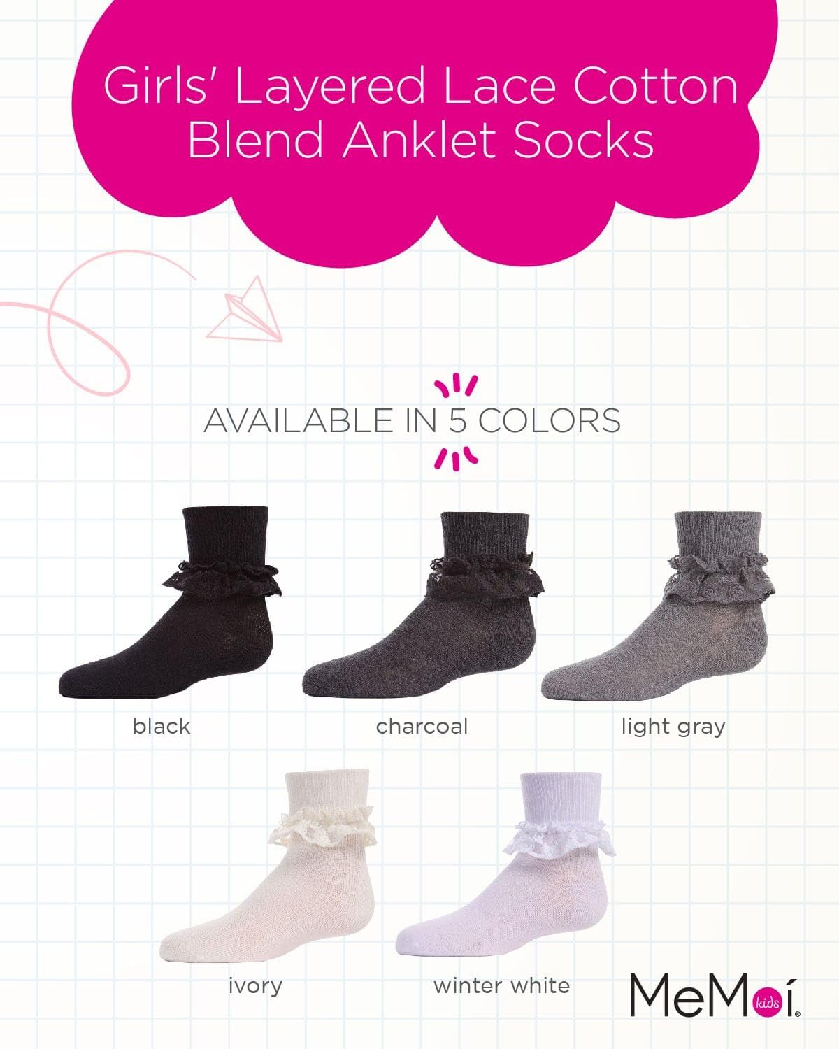 MeMoi Girls' Layered Lace Cotton Blend Anklet Socks - Cute & Comfortable Low-Cut Socks for School, Dress, and Everyday Wear