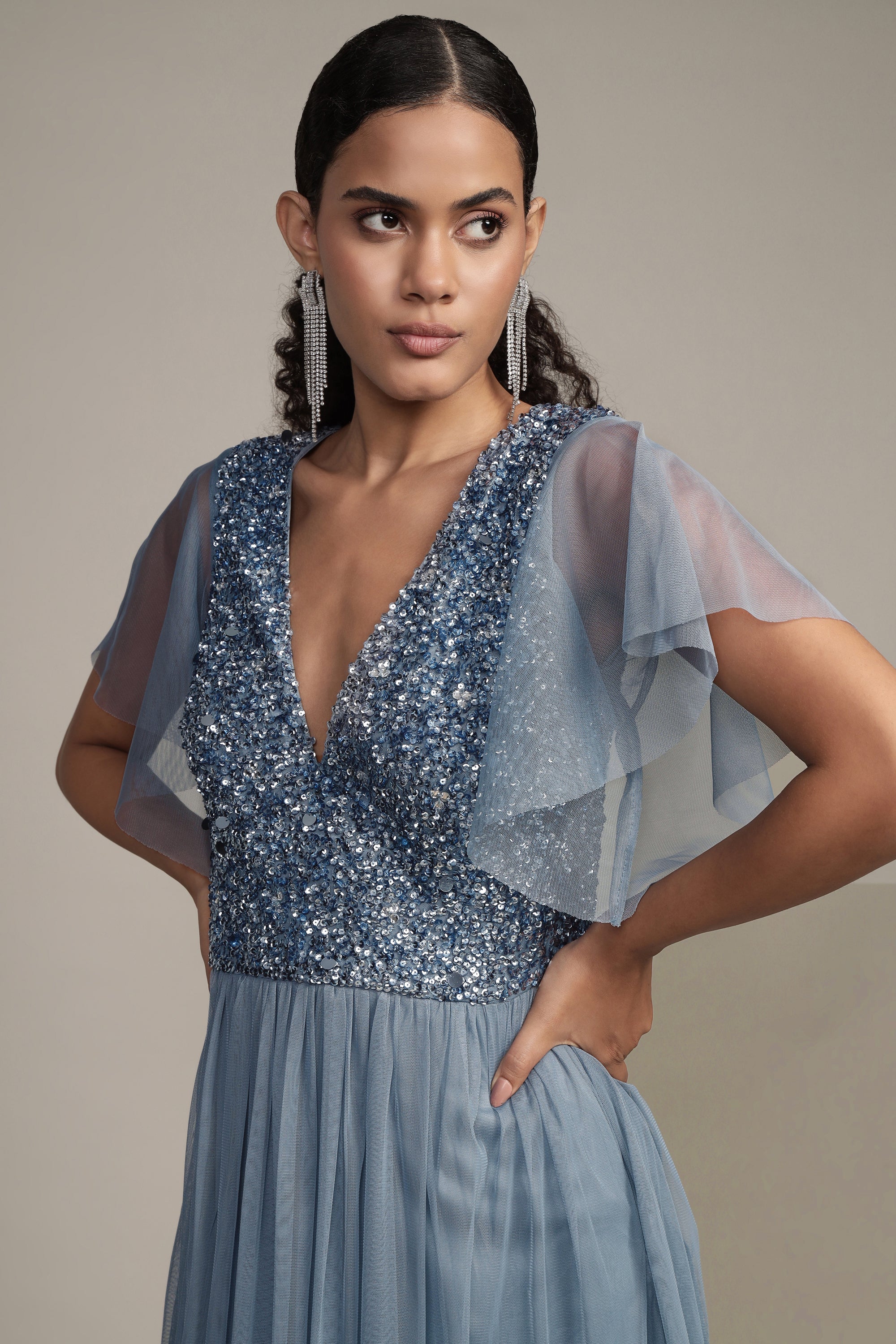 Elegant Maddie Embellished Midi Dress in Dusty Blue - Perfect for Weddings, Parties & Special Occasions