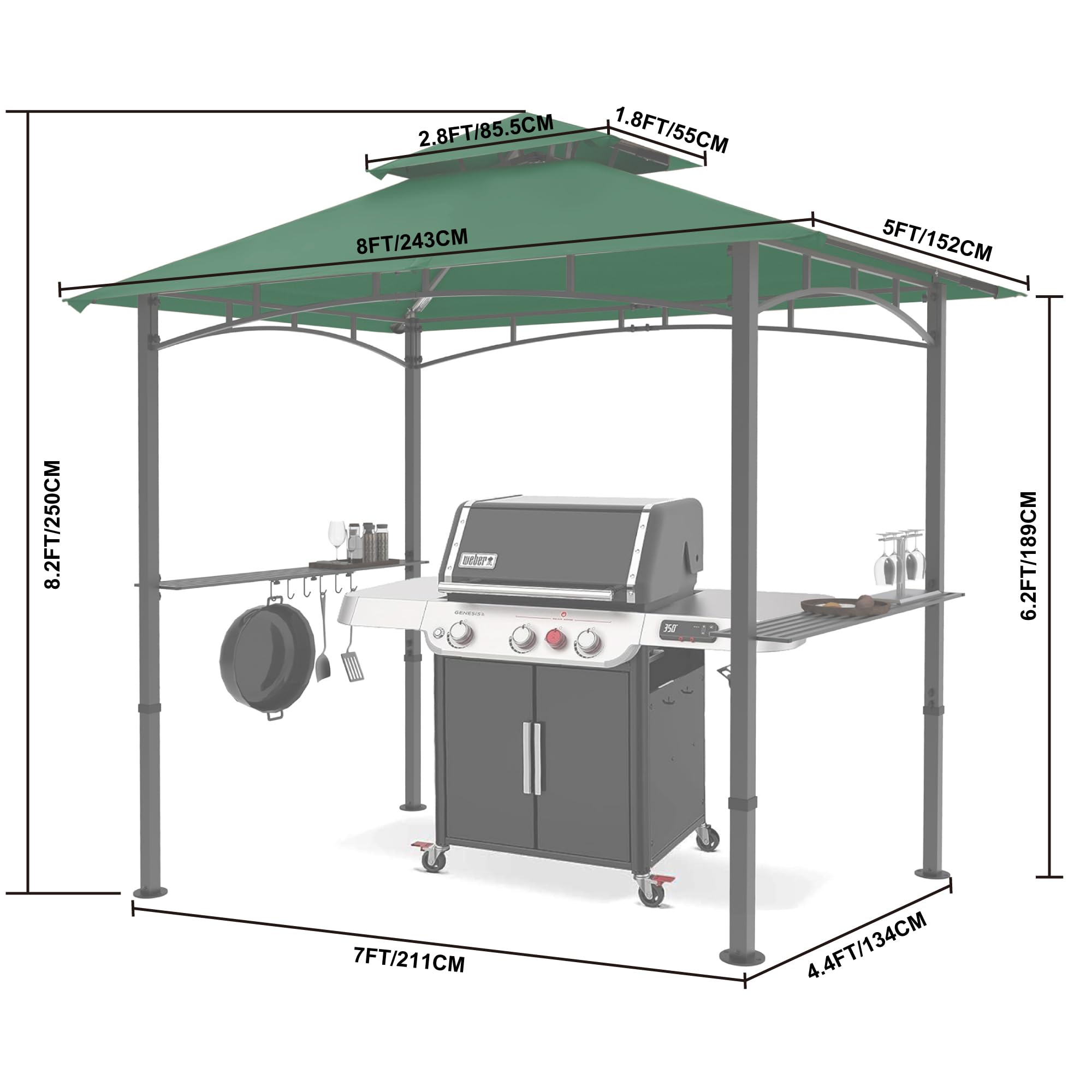 MASTERCANOPY 8x5 FT Grill Gazebo with 2 LED Lights - Waterproof Outdoor BBQ Canopy Shelter for Patio, Backyard, Camping (Forest Green)