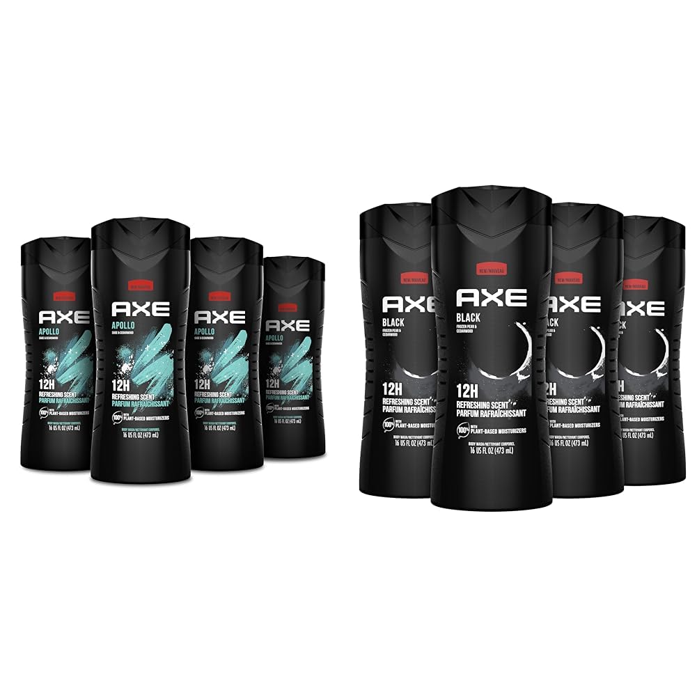 AXE Apollo Men's Body Wash 4-Pack, Long Lasting Freshness with Sage & Cedarwood, 12h Refreshing Scent, Frozen Pear & Cedarwood Cleanser - Perfect for Gym, Travel, and Daily Shower Routine