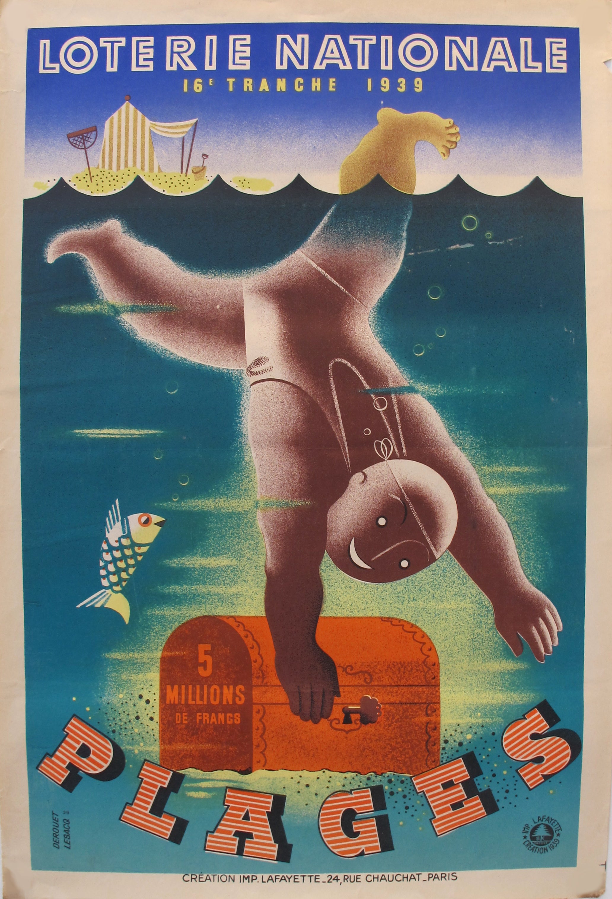 1939 French Art Deco Poster - Loterie Nationale Advertisement 16e Tranche Vintage Beach Art Print | Wall Decor for Home, Office & Gallery
