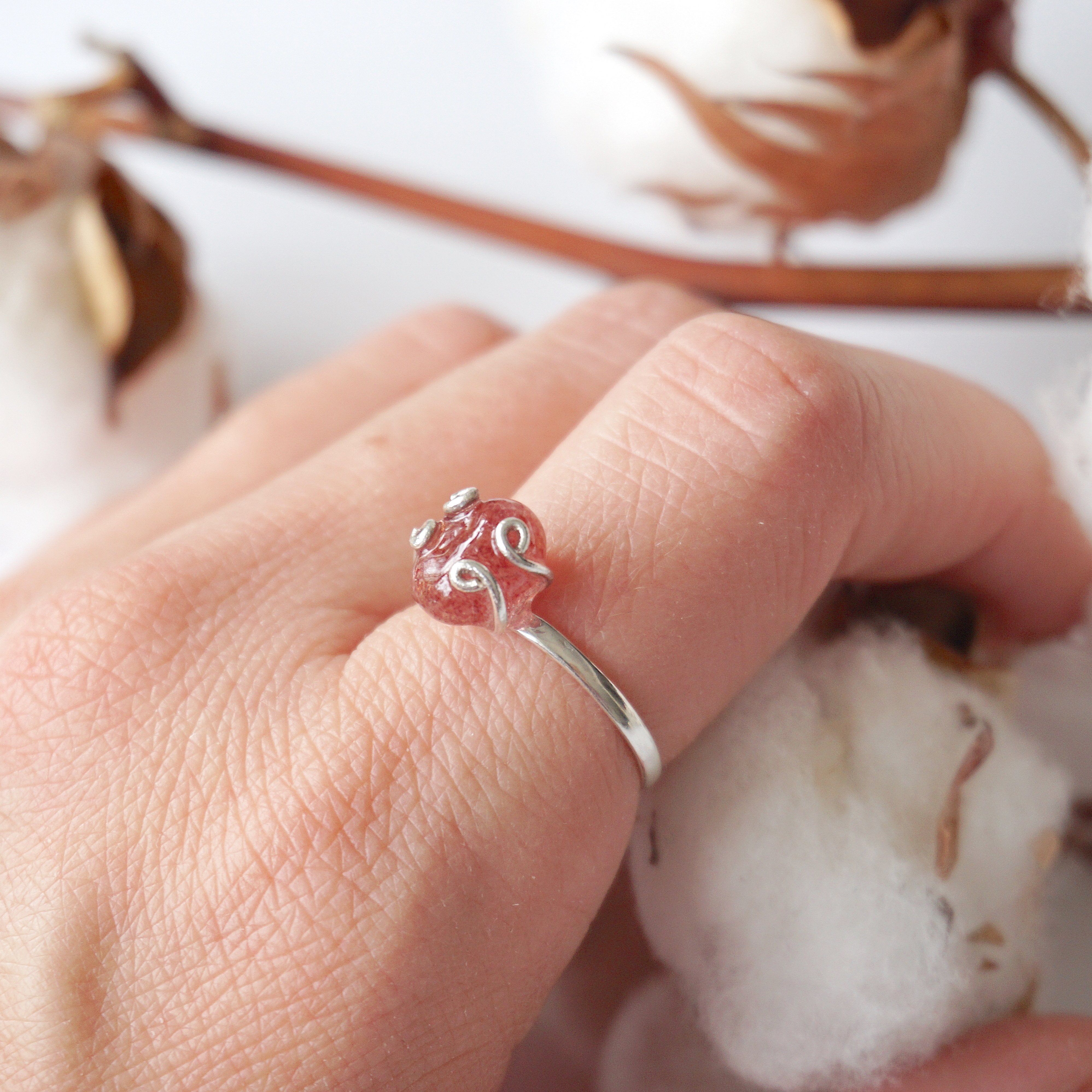 Strawberry Quartz Adjustable Ring Sterling Silver 925 - Elegant Adjustable Size Jewelry for Women, Gift for Her, Wedding, Party & Everyday Wear