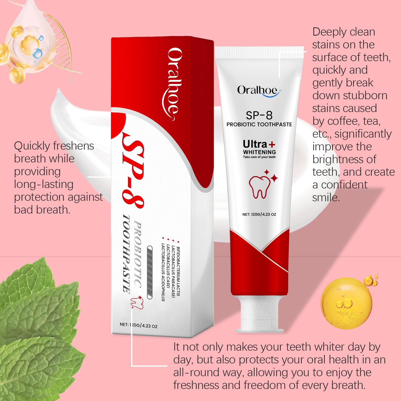 SP-8 Probiotic Whitening Toothpaste for Healthy Gums & Fresh Breath - Natural Non-Fluoride Mint Toothpaste (4.23oz) - Ideal for Daily Oral Care & Sensitive Teeth