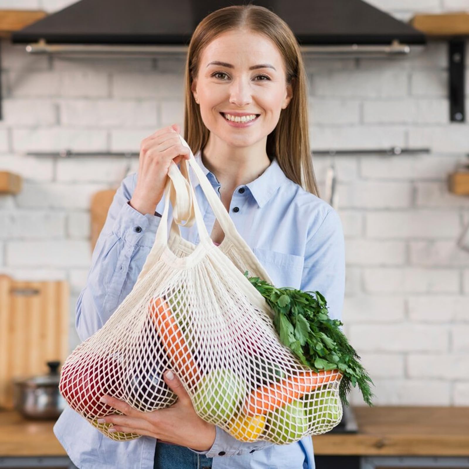 2 Pack Reusable Mesh Grocery Bags - Eco-Friendly Cotton String Shopping Totes for Fruits & Vegetables, Long Handle Washable Produce Bags, Portable & Durable (Beige) - Perfect for Farmers Market, Grocery Shopping & Food Storage