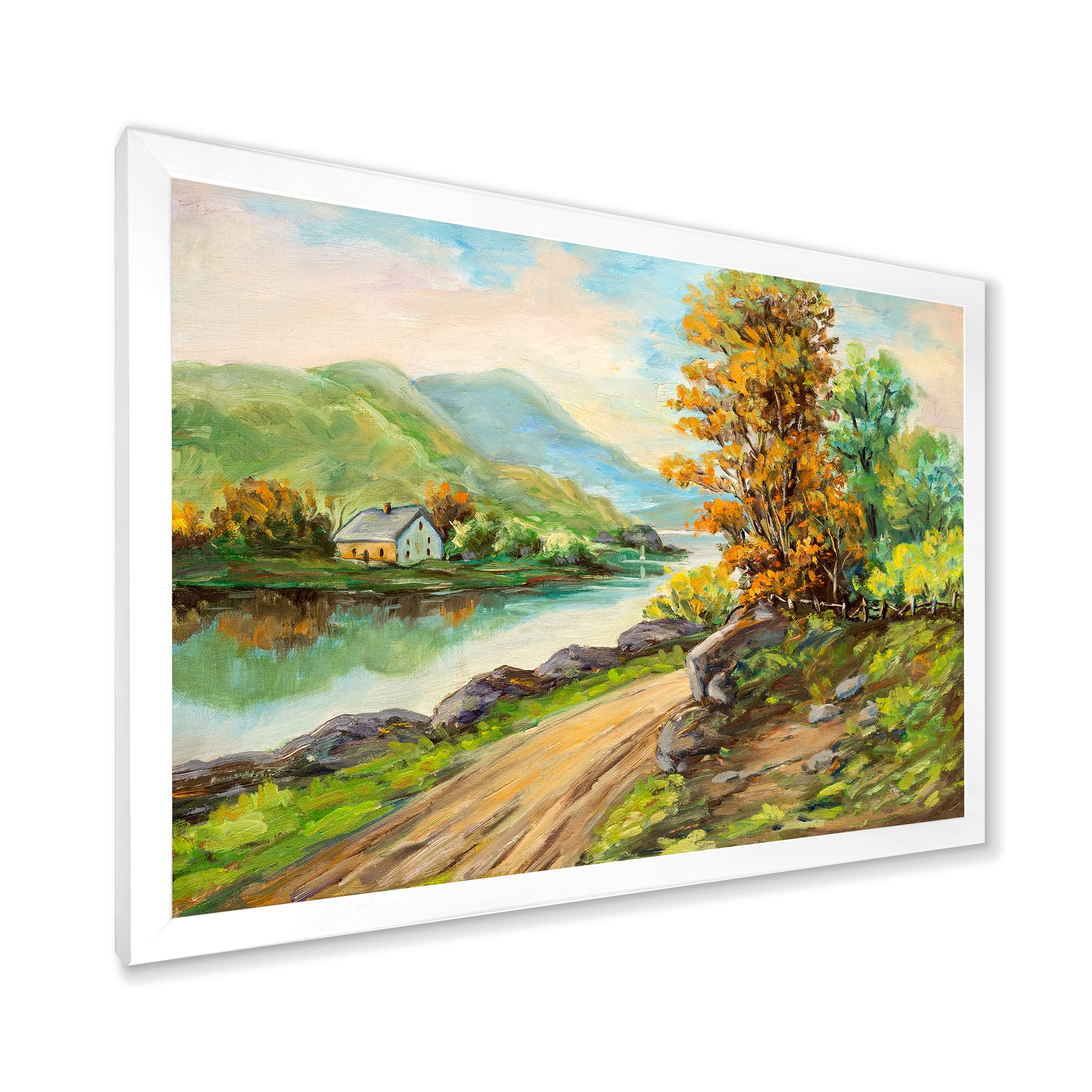Rural Road By The River Landscape Painting - Traditional Framed Wall Art Decor for Living Room, Bedroom & Office | Nature Scenery Canvas Print