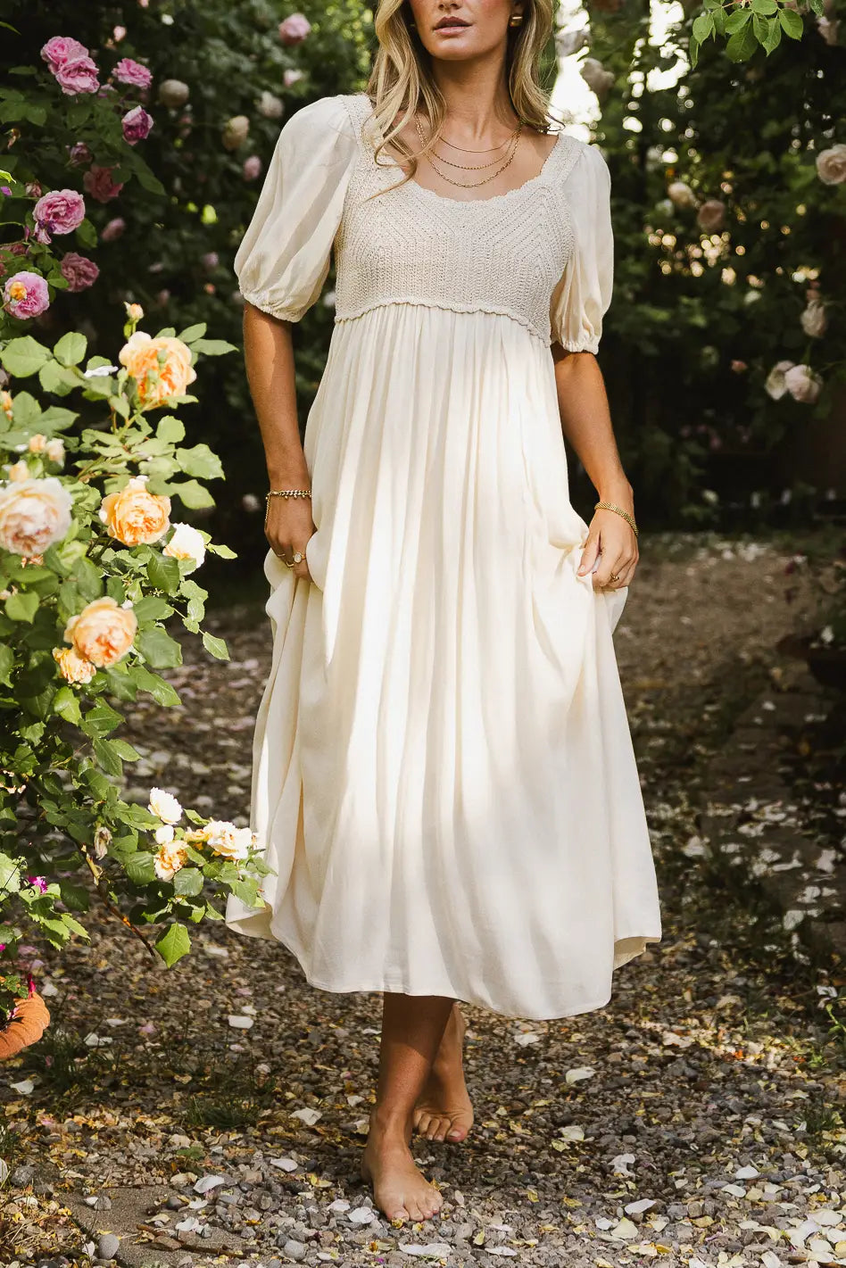 Elegant Nina Crocheted Midi Dress in Natural - Boho Chic Summer Dress for Women | Perfect for Beach Vacations, Garden Parties & Date Nights