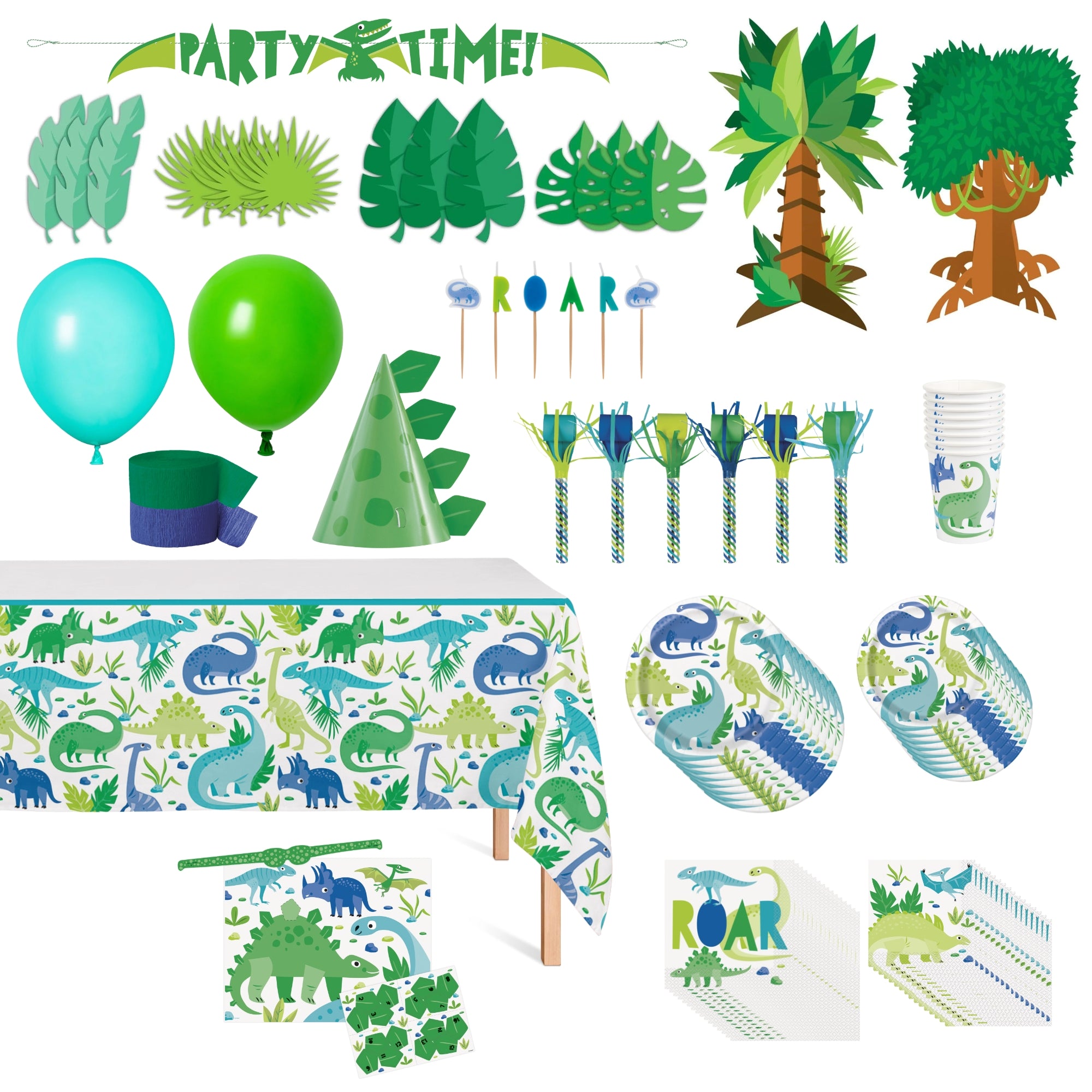 Blue and Green Dinosaur Themed Birthday Party Supplies Kit for 8 Guests - Perfect for Kids' Birthday Celebrations, Themed Parties & Decorations