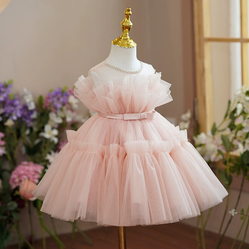 Pink Princess Round Tea Length Tulle Flower Girl Dress - Perfect for Weddings, Birthday Parties & Special Occasions