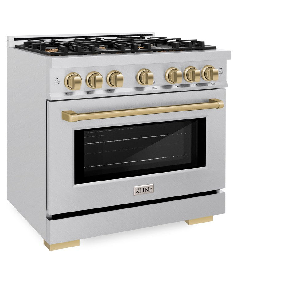 ZLINE Autograph Edition 36 Inch Dual Fuel Range - 5.2 Cu. Ft. Capacity, 6 Burner Gas Cooktop & Electric Convection Oven - Satin Stainless Steel with Champagne Bronze Accents (HDRSZ 36 CB) - Perfect for Gourmet Kitchens & Professional Style Cooking