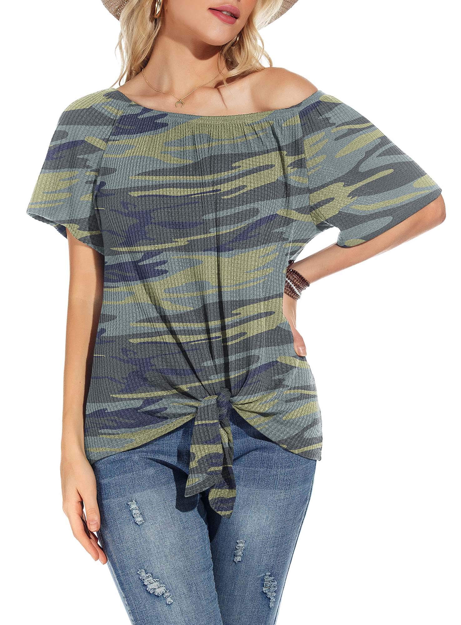 Neineiwu Women's Waffle Knit Off-The-Shoulder Top - Casual Short Sleeve Blouse with Tie Knot Detail | Summer Loose T-Shirt for Beach, Vacation & Date Night Outfits