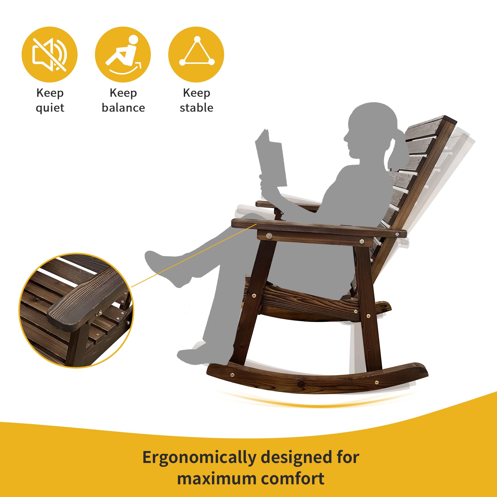 Premium Solid Fir Wood Rocking Chair with High Backrest & Contoured Seat - Heavy Duty 600 lbs Capacity - Dark Chocolate Finish - Perfect for Indoor Living Room, Outdoor Patio, Garden & Porch Relaxation