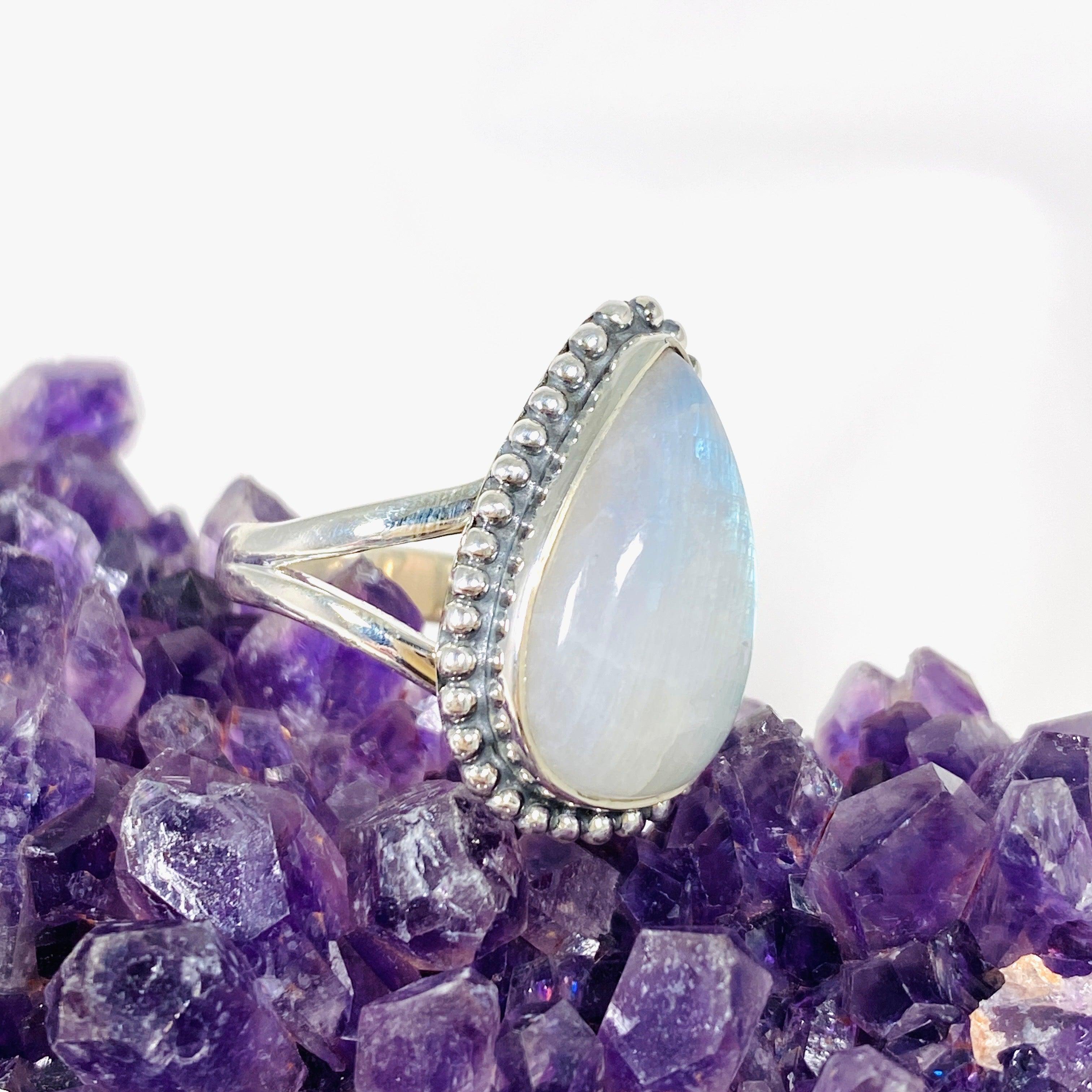 Moonstone Teardrop Ring with Sterling Silver Detailing - Elegant Dainty Jewelry for Women, Perfect for Weddings, Anniversaries & Everyday Wear | KRGJ3019