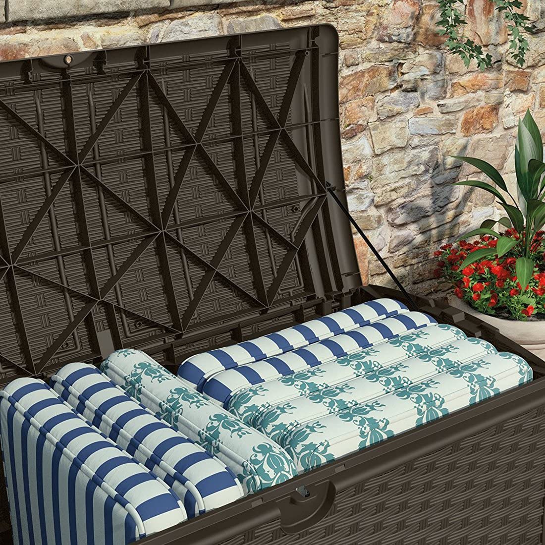 Suncast 72 Gallon Resin Wicker Outdoor Patio Storage Deck Box - Weatherproof Brown Deck Box for Cushions, Pool Toys & Garden Tools (2 Pack) - Perfect for Backyard, Poolside & Patio Organization