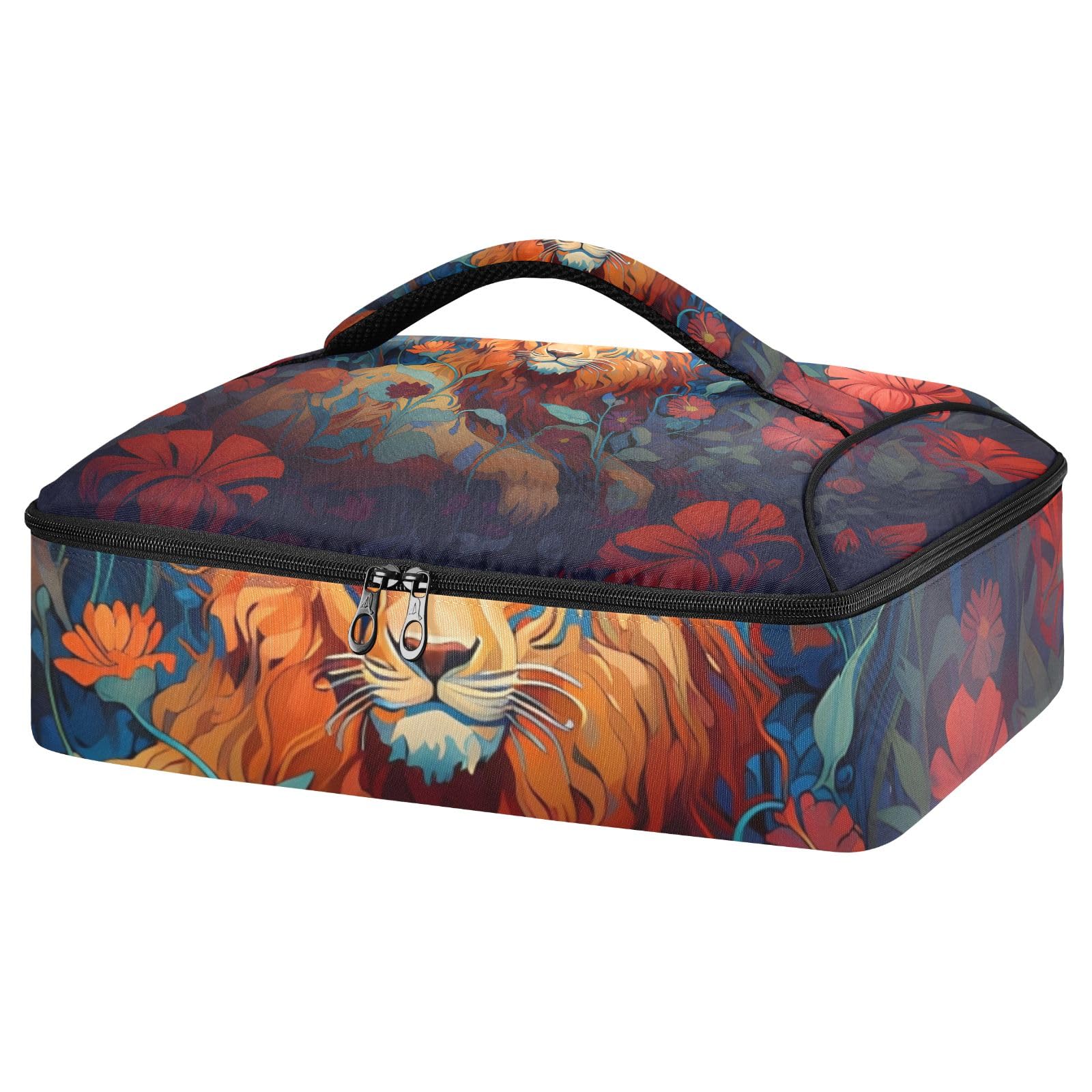 Insulated Casserole Carrier Bag for Hot & Cold Food - Lion Flower Design with Dish Storage - Perfect for Potluck Parties, Picnics & Family Gatherings