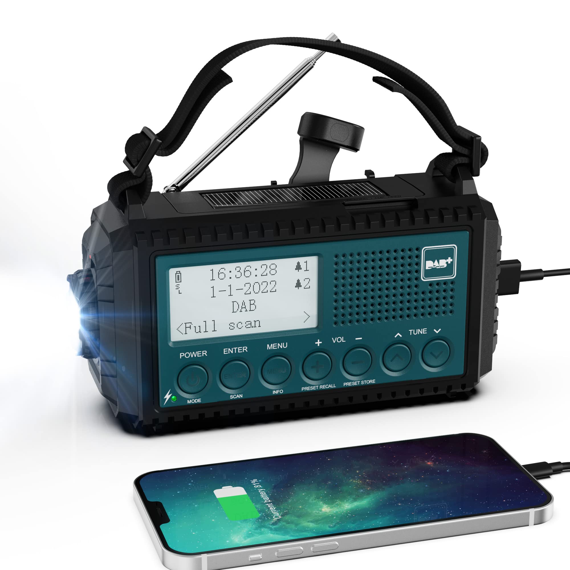 Solar & Hand Crank Emergency Radio with DAB+/DAB/FM, 5000mAh Power Bank, LCD Display, USB Charging, Flashlight & Reading Lamp - Portable Survival Radio for Camping, Hiking, Emergencies & Outdoor Adventures (Blue)