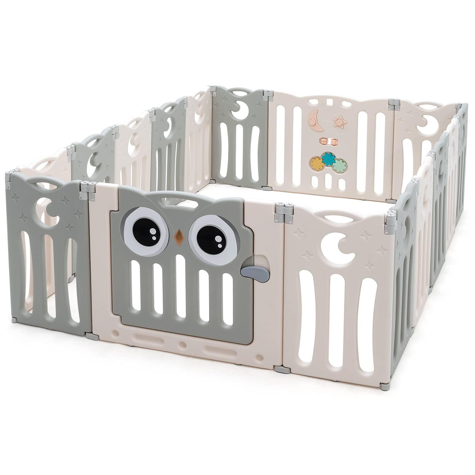 HONEY JOY 16-Panel Baby Playpen with Anti-Slip Base & Lockable Door - Owl Design Play Yard for Toddlers, Indoor Portable Safety Fence for Boys & Girls (Beige) - Perfect for Playrooms, Living Rooms & Daycare Centers