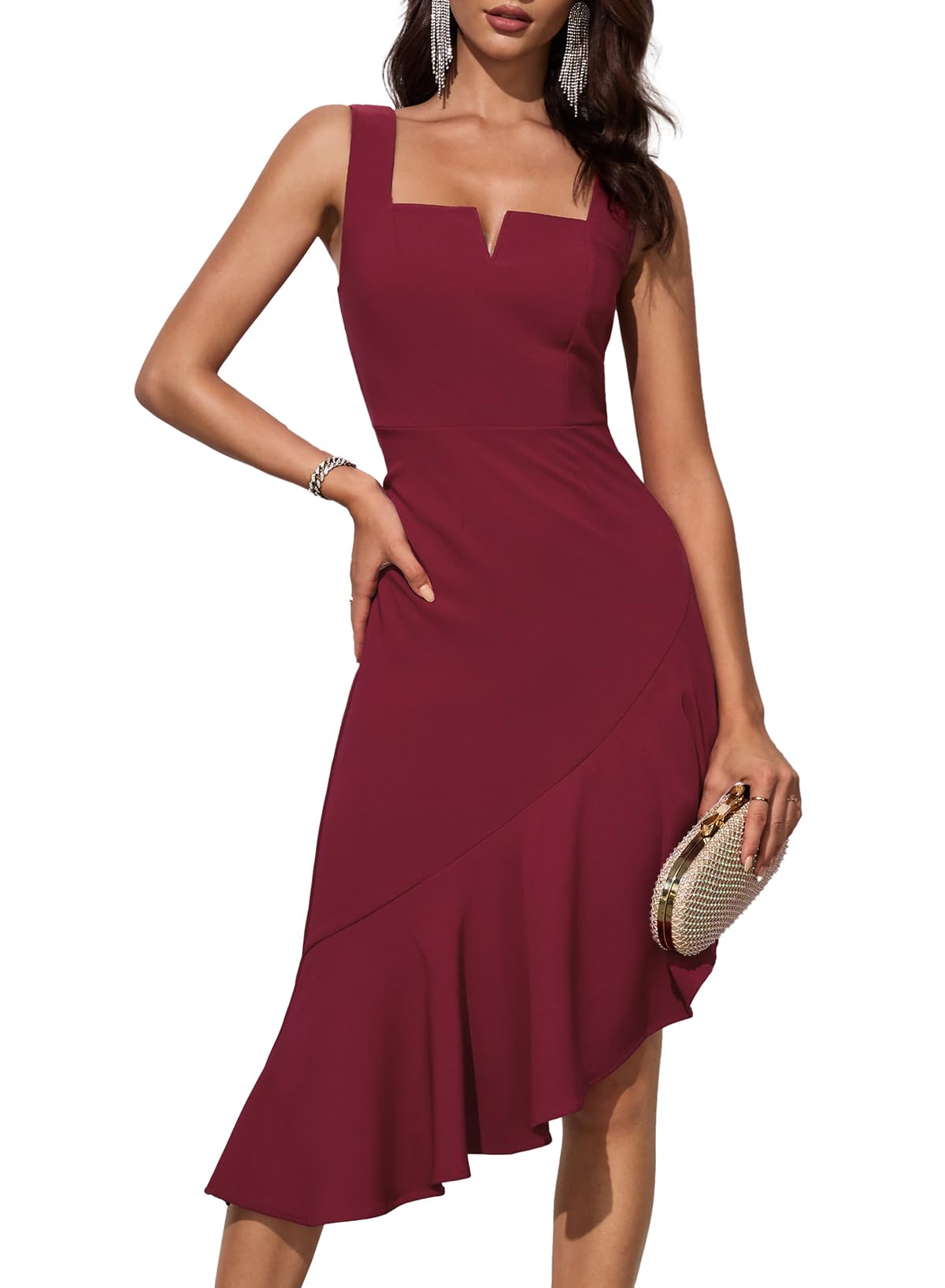 Dokotoo Women's Vintage Square Neck Sleeveless Midi Dress with Ruffles - Elegant Party, Wedding Guest, and Special Occasion Dress for Women