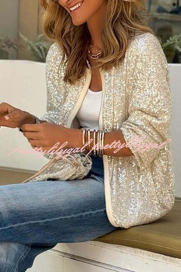 Star Kisses Sequin Zipped Long Sleeve Party Coat for Women - Glamorous Shiny Jacket for Evening Events, Club Outings & Special Occasions