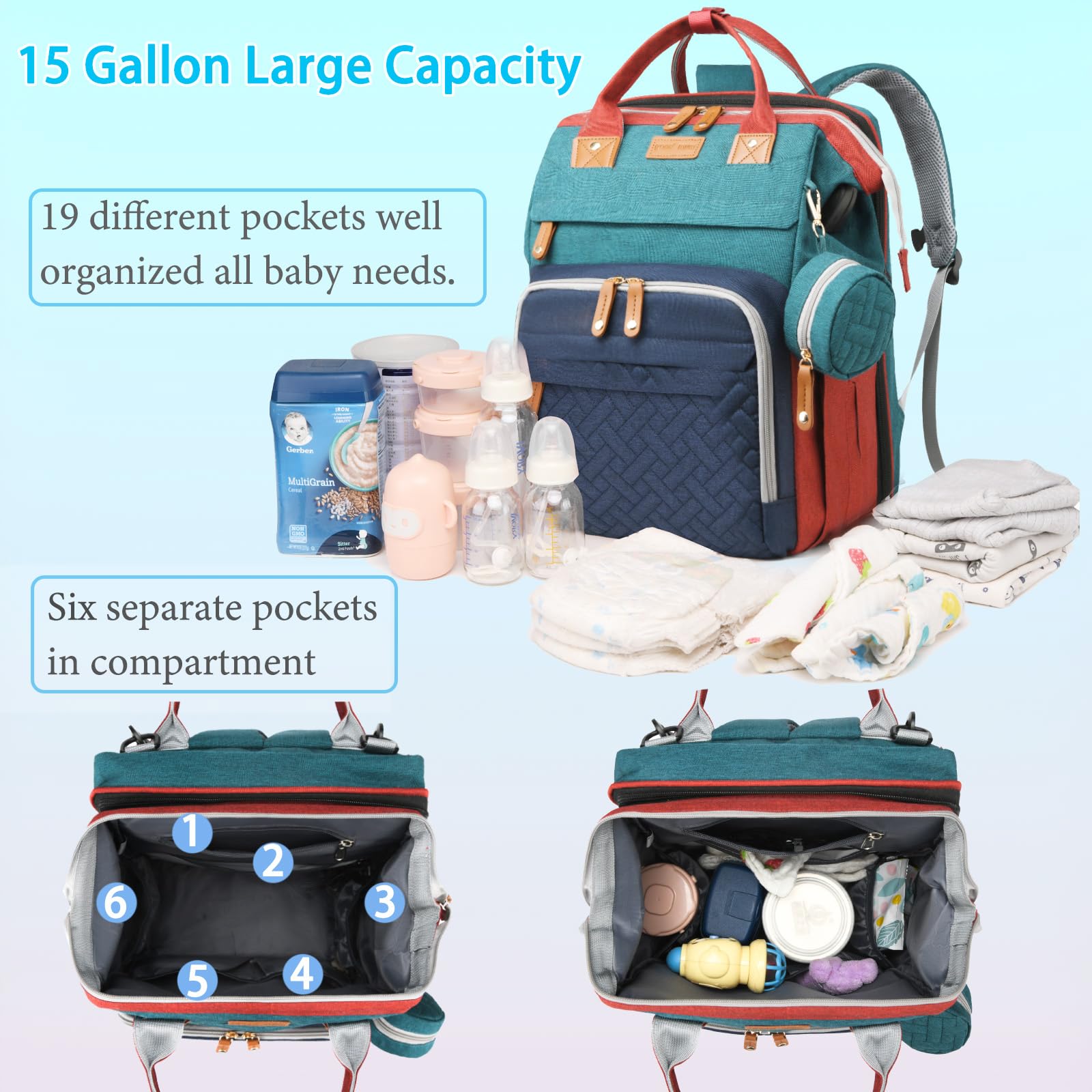 Jeryswet Waterproof Large Capacity Baby Diaper Backpack with Changing Station - USB Charging Port & Stroller Straps - Perfect Baby Shower Gift for Moms & Dads - Ideal for Travel, Daycare, and On-the-Go Parenting