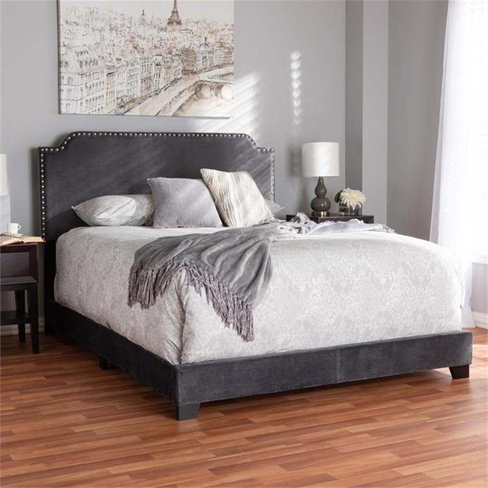 BOWERY HILL Velvet Nailhead Upholstered King Bed Frame in Grey - Luxurious Upholstered Bed for Master Bedroom, Guest Room & Modern Home Decor