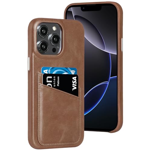 Genuine Leather Wallet Phone Case for iPhone 13 Pro Max - RFID Blocking Phone Purse with 2 Card Slots & Metal Button Bumper | Shockproof Protective Cover (Dark Brown) | Perfect for Travel, Business & Everyday Use