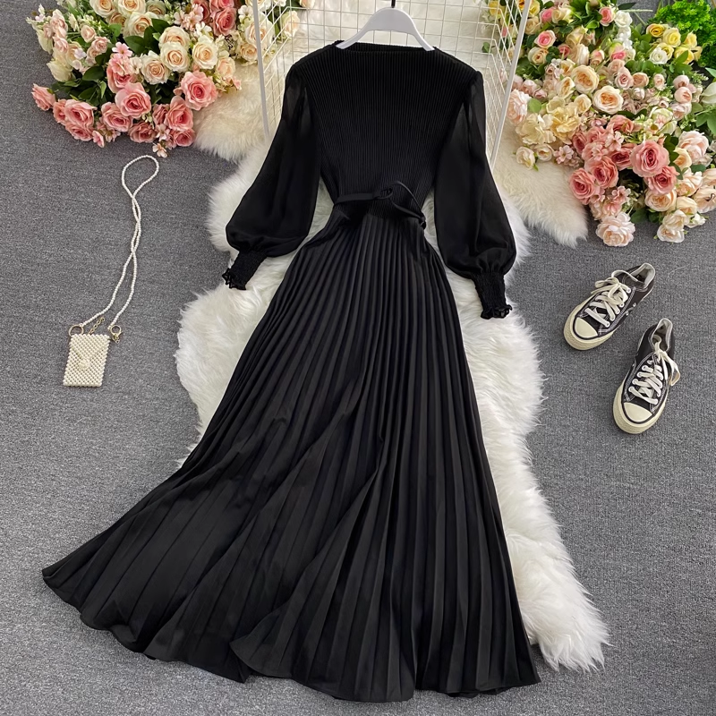 High Waist Round Neck Swing Dress - Elegant Pleated Long Skirt for Women | Spring & Autumn Fashion | Perfect for Office, Party & Casual Wear
