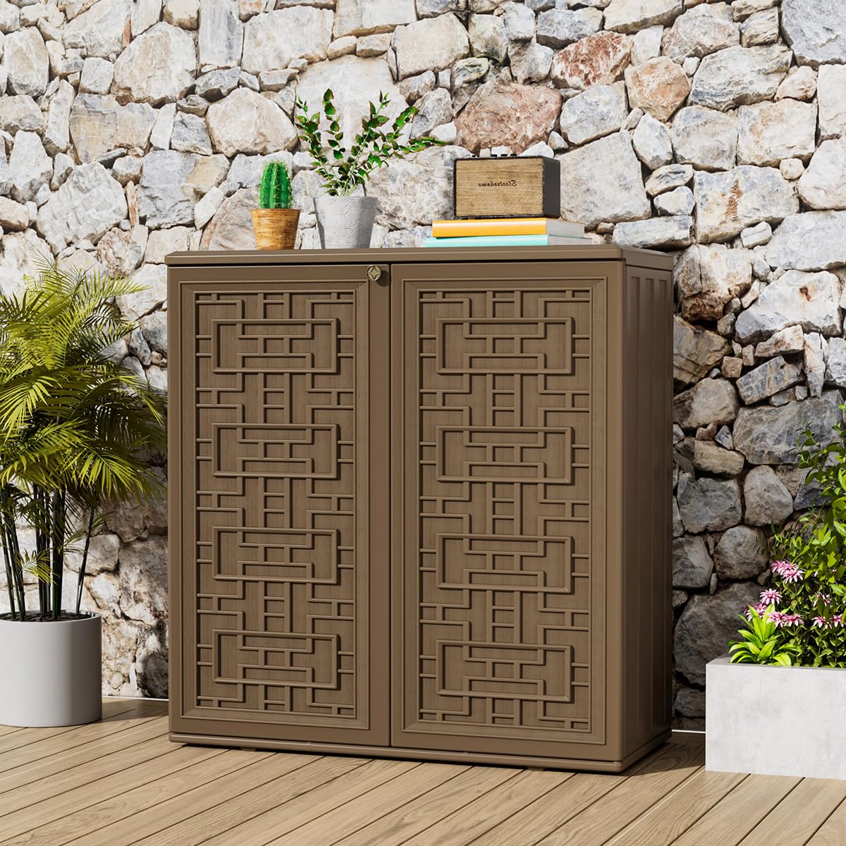 **KINYING 60 Gallon Outdoor Storage Cabinet - Waterproof Resin Deck Box for Patio Furniture Cushions, Garden Tools, Pool Accessories & Kids Toys - Dark Brown with Shelf - Perfect for Backyard, Deck & Poolside Organization**