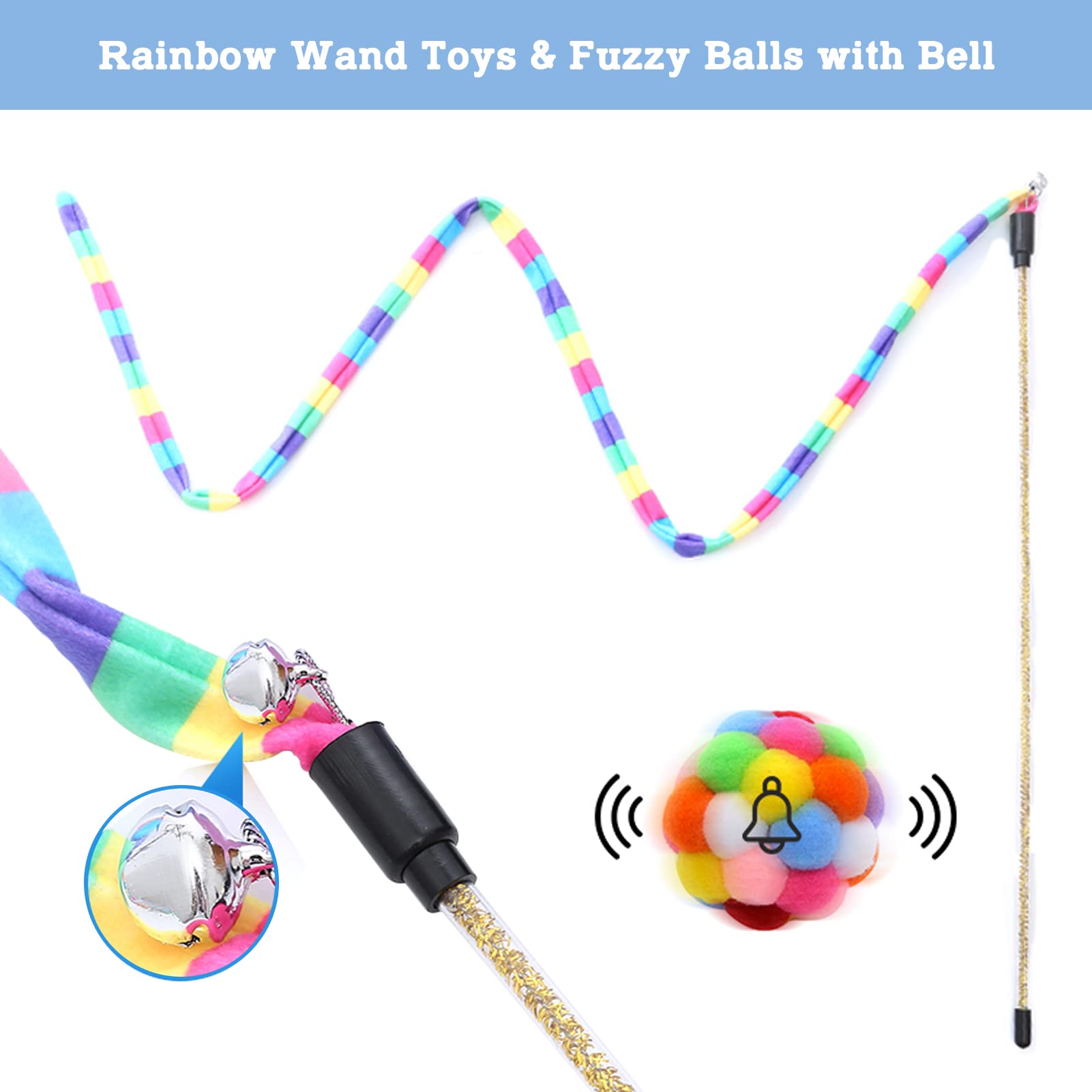 Interactive Cat Toys for Indoor Cats - 3 Pack Rainbow Wand, Fuzzy Balls with Bell & Springs - Fun Exercise Toys for Kittens & Puppies | Perfect for Playtime, Chase Games & Bonding Activities