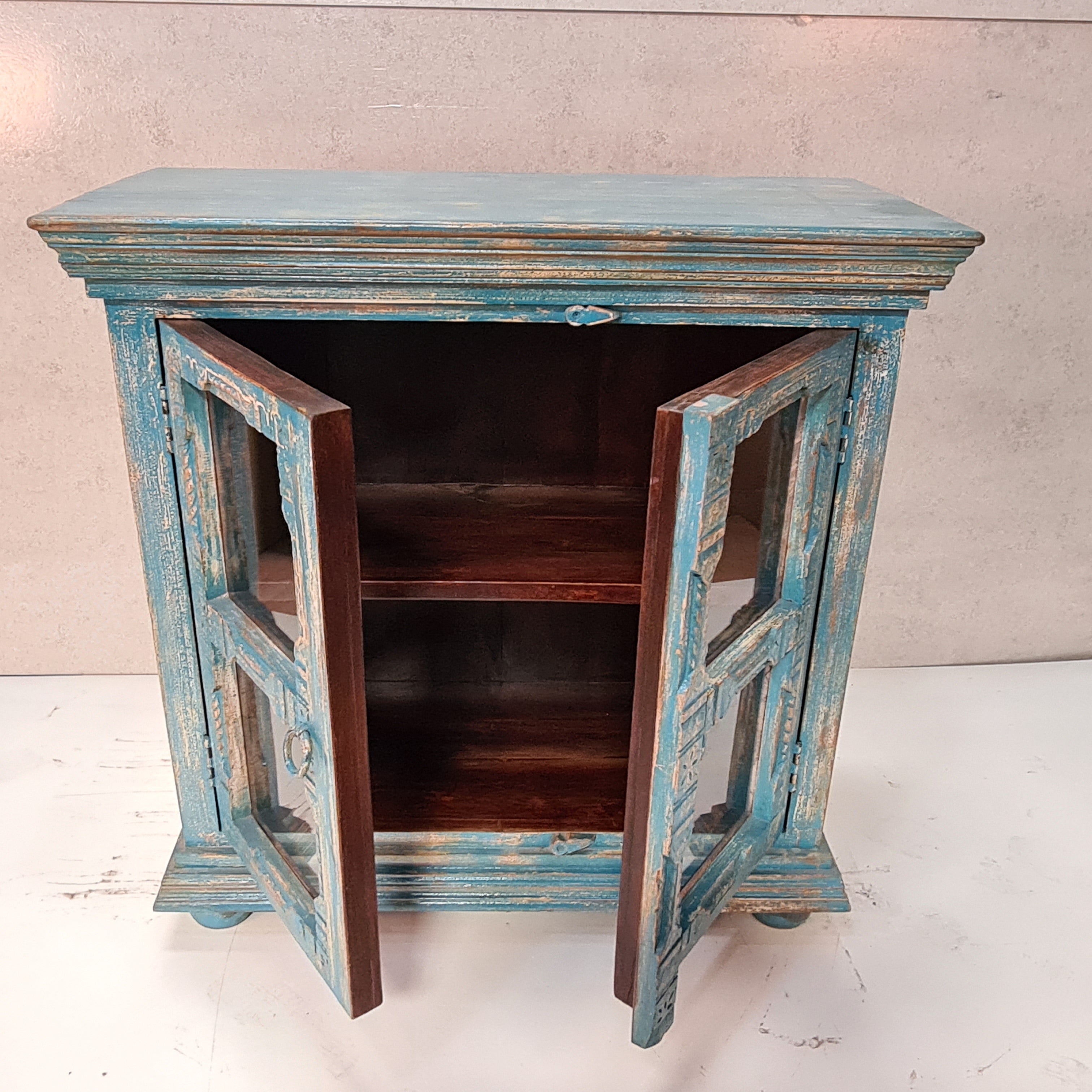 Handcrafted Indian Solid Hardwood Carved Cabinet with 2 Doors - Blue, 96x45x97cm - Perfect for Living Room, Bedroom & Home Office Storage
