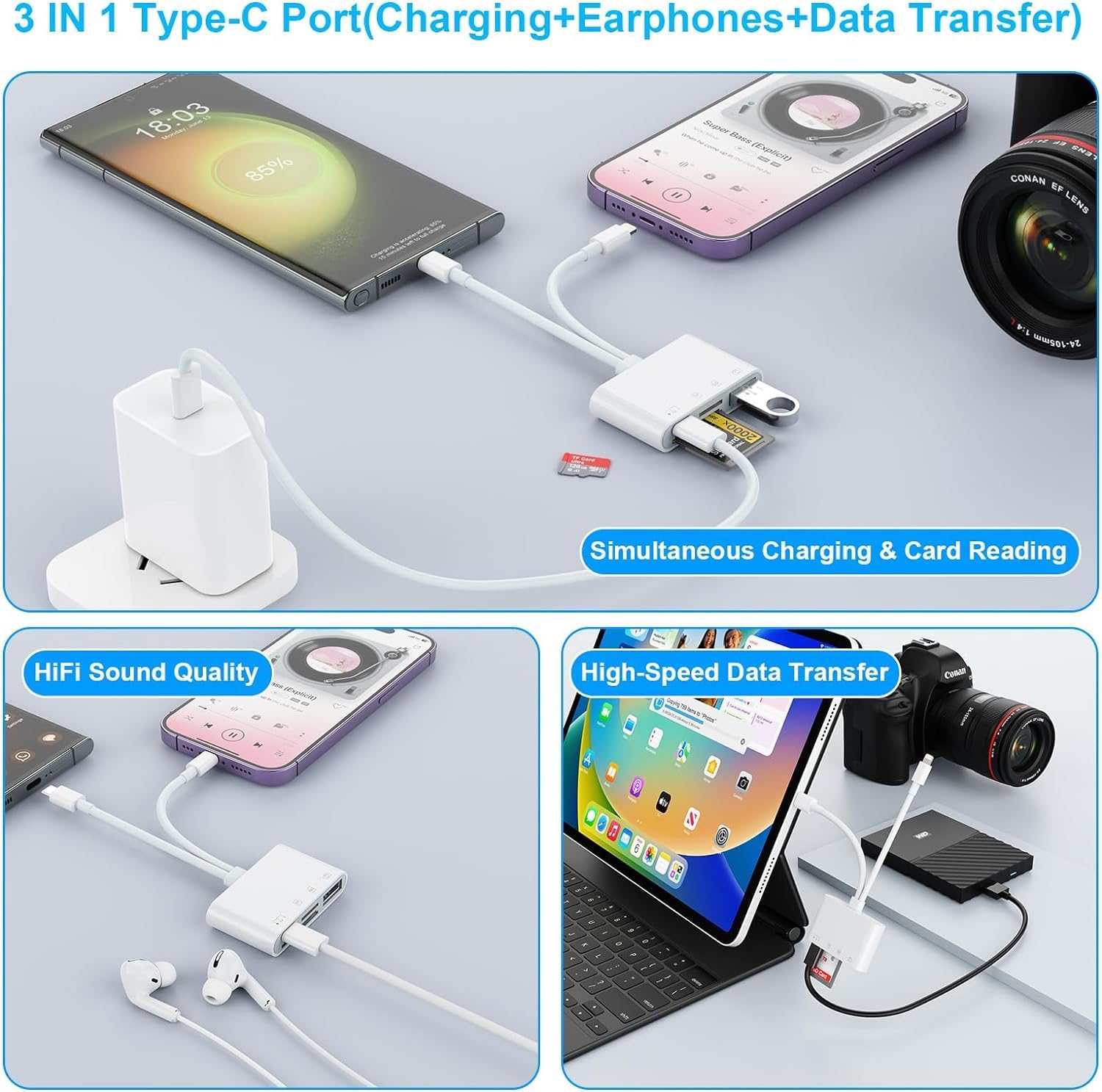 4-in-1 USB C & Lightning Card Reader - SD/TF Memory Card Adapter for iPhone 15/14/13, iPad, MacBook & Windows Laptops | Dual Connector OTG Card Reader for Digital Cameras & Photography | Supports Fast Charging & File Transfer