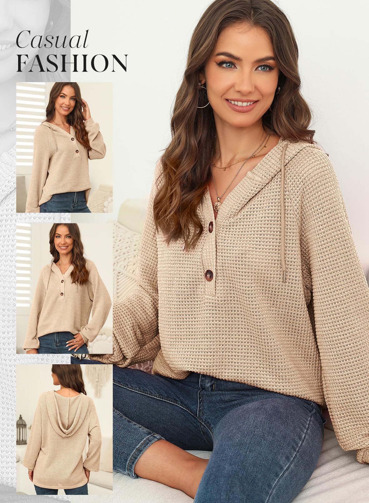 Dokotoo Women's Waffle Knit Hoodie - Long Sleeve Button V-Neck Pullover Sweatshirt with Drawstring | Casual Loungewear for Fall & Winter