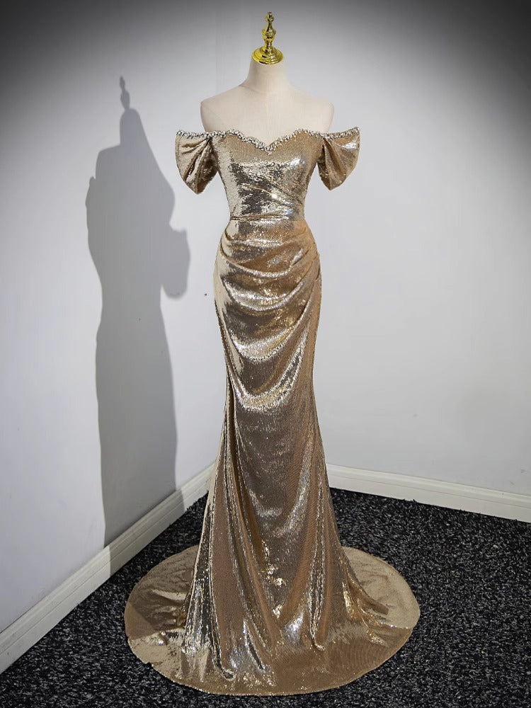 Elegant Gold Off-Shoulder Sequin Evening Gown with Train - Vintage 1969 Style for Prom, Wedding & Formal Events
