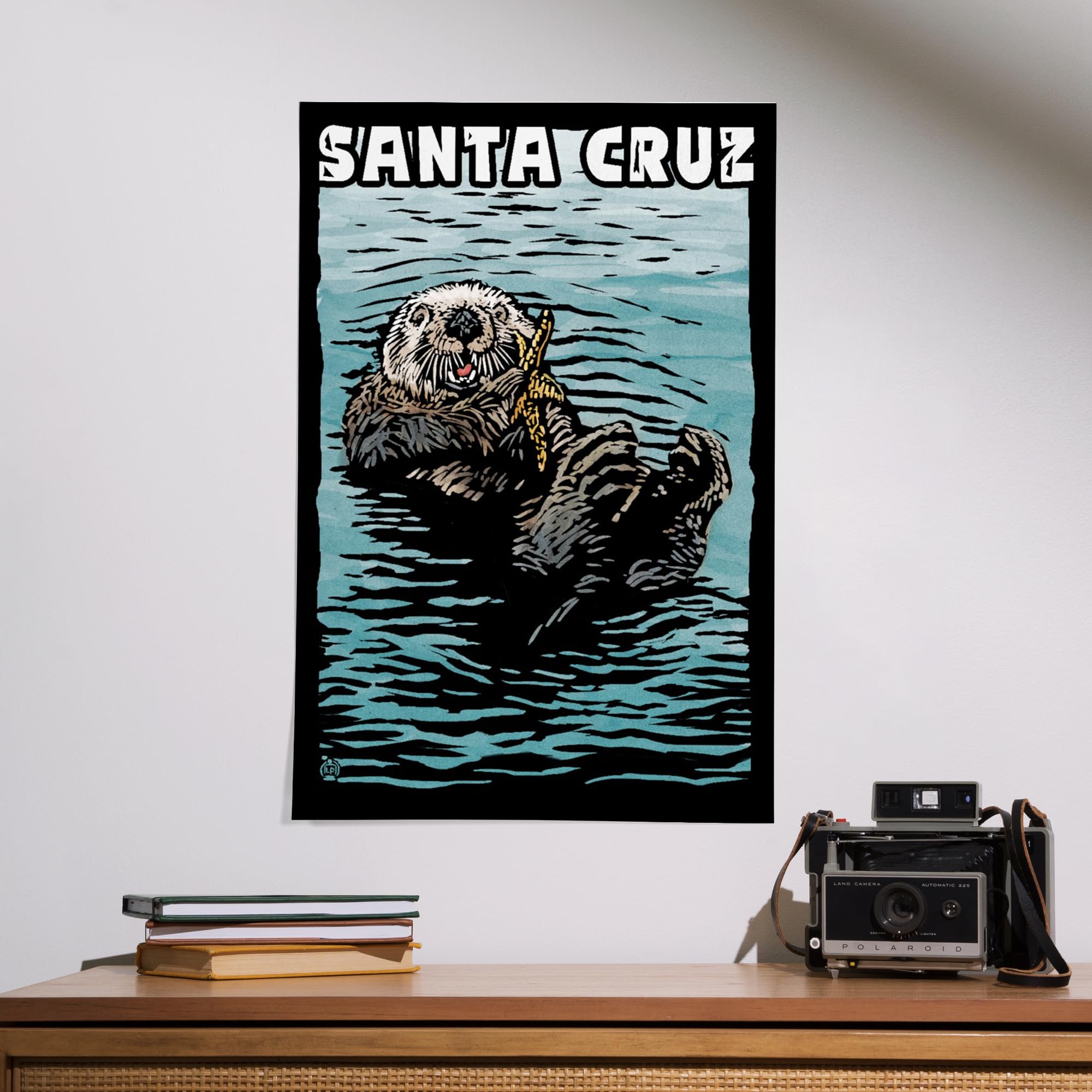 Lantern Press 16x24 Inch Giclee Art Print - Santa Cruz California Coastal Scene with Sea Otter Scratchboard Artwork | Perfect for Beach House Decor, Living Room Wall Art & Coastal Theme Interior Design