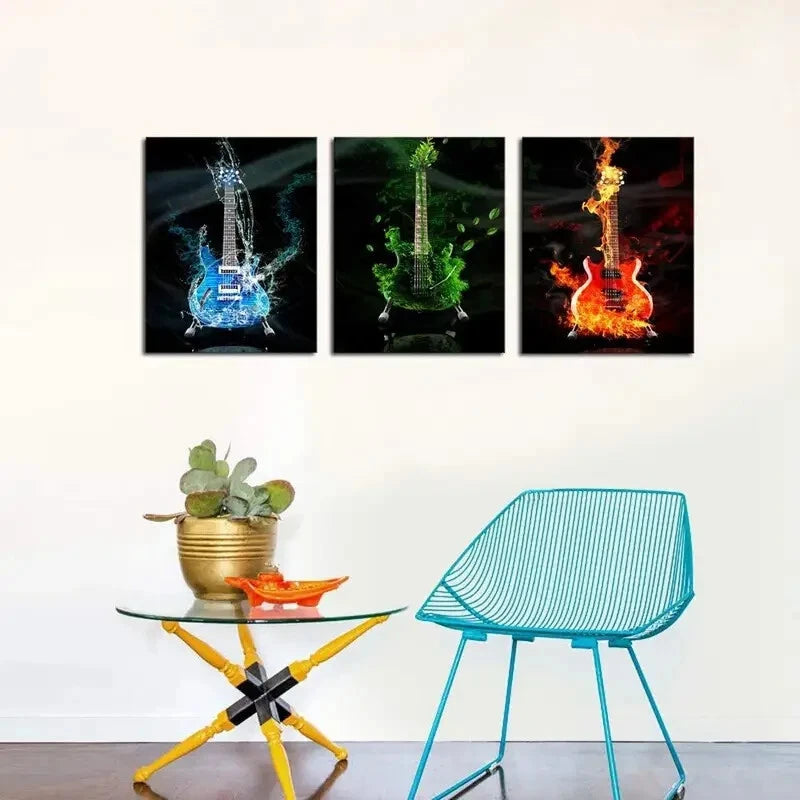 3-Piece Red, Green & Blue Guitar Painting Metal Print - Ready to Hang Wall Art Decor for Living Room, Bedroom & Music Studio