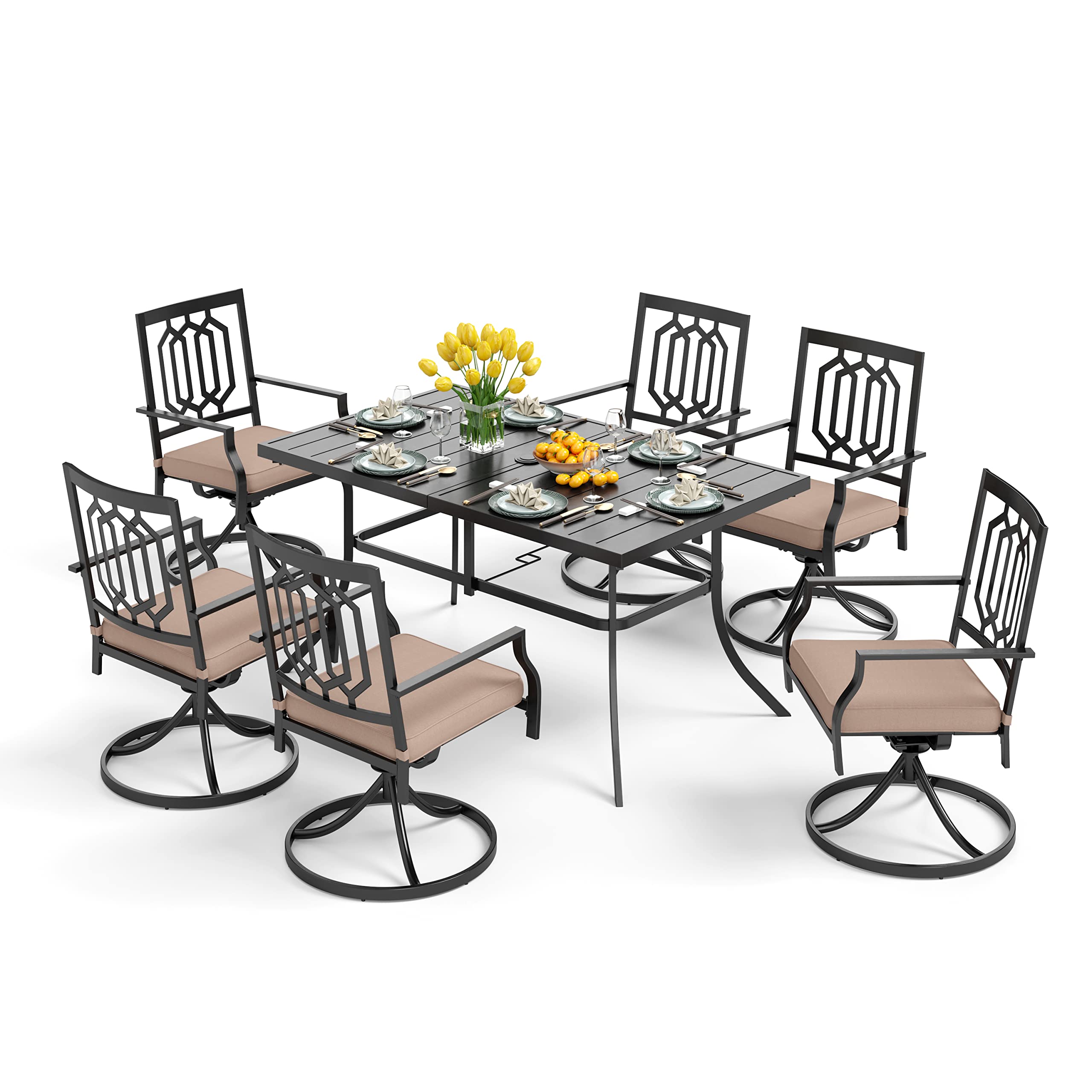 PHI VILLA 7-Piece Outdoor Patio Dining Set with Swivel Chairs - 300 lbs Capacity Metal Table with Umbrella Hole & Cushioned Seating for Backyard, Garden, Bistro, and Poolside Relaxation