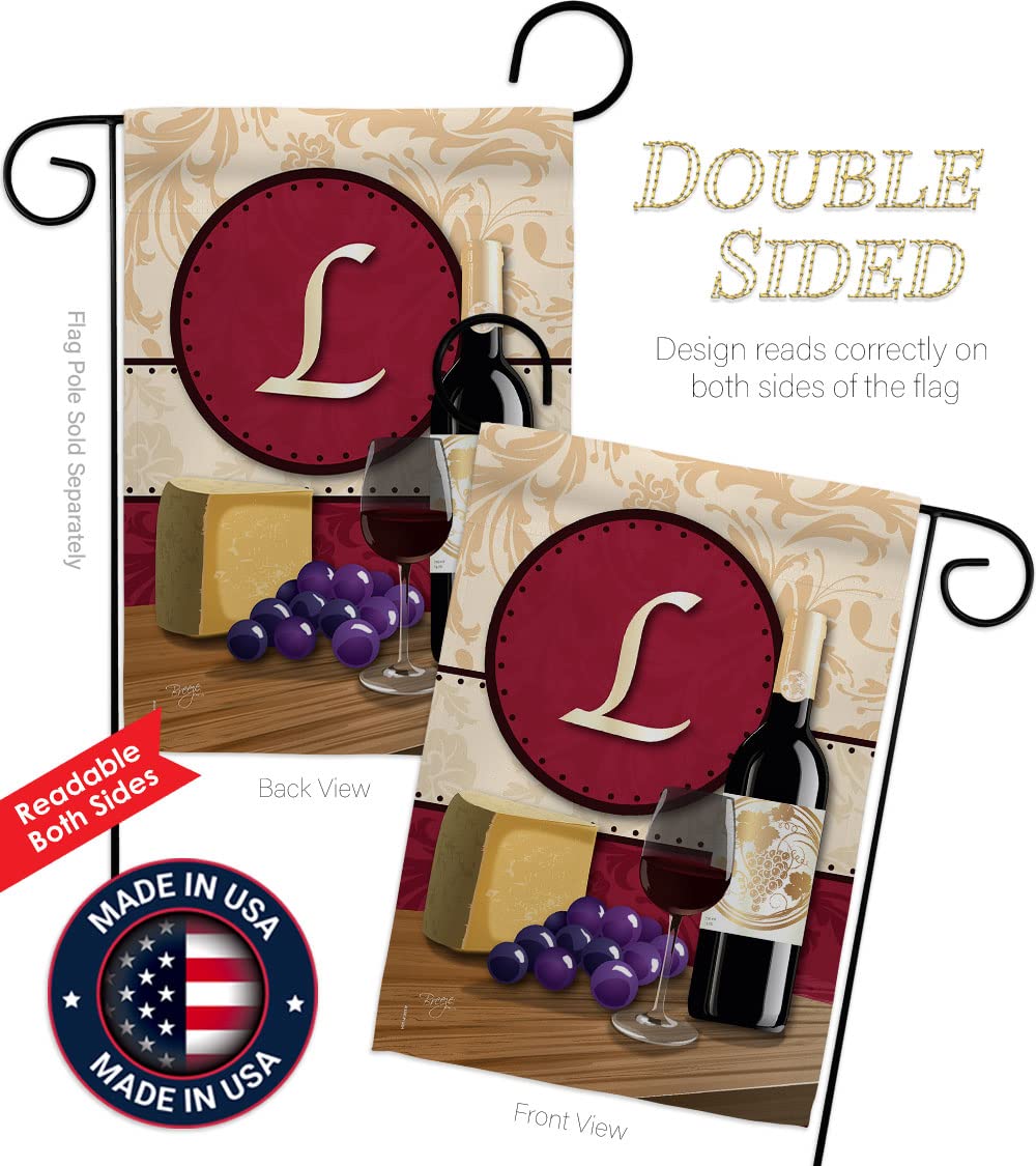Breeze Decor Wine L Garden Flag Set - Monogram Beverage & Cheese Banner for Yard Decor
