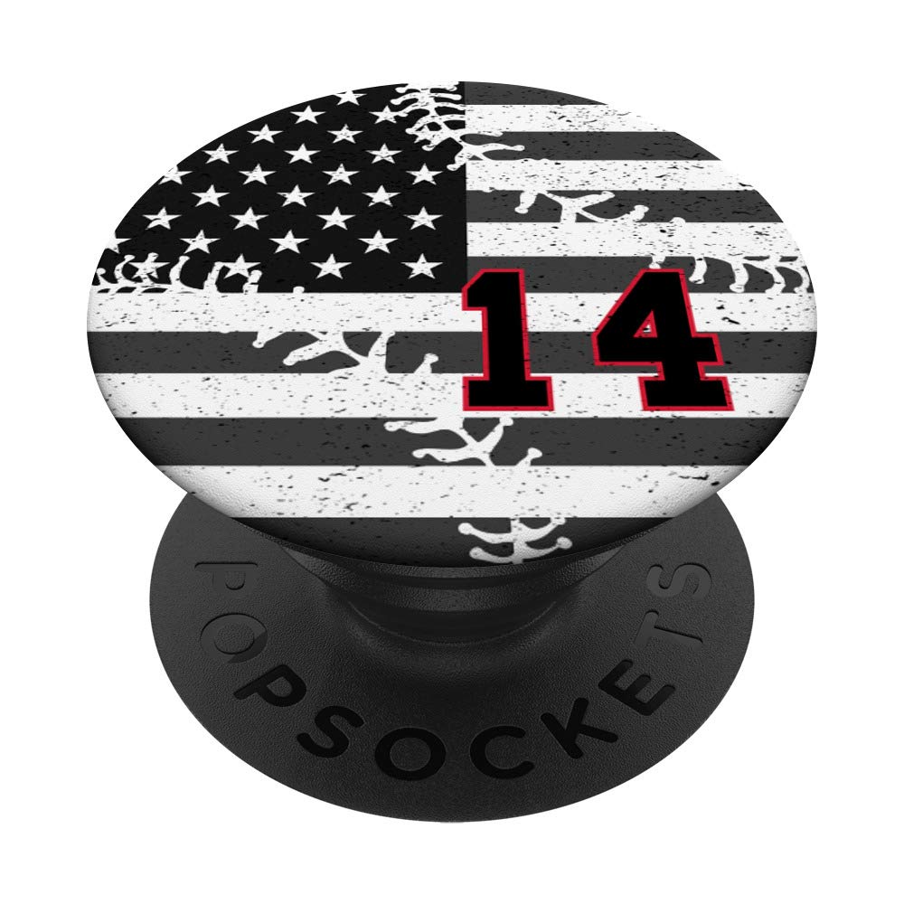 USA Flag Baseball PopSockets PopGrip - Swappable Phone Grip with Black & Red Design (Number 14) - Perfect for Sports Fans, Patriotic Gifts & Phone Protection