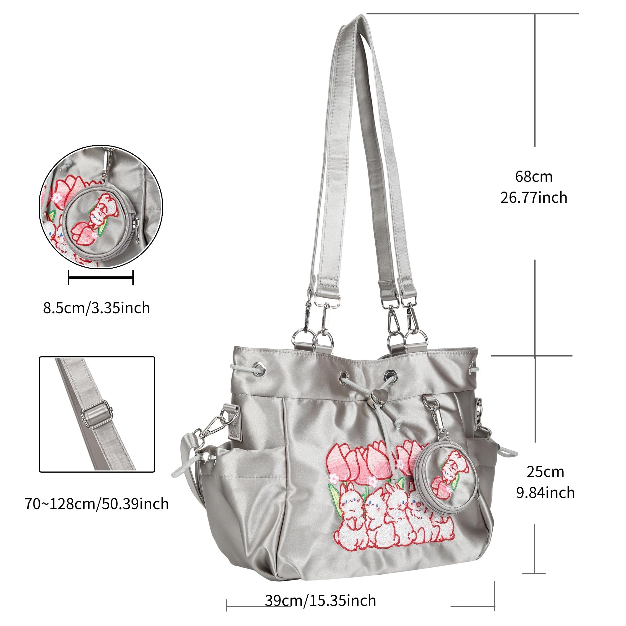 Women's Satin Hobo Handbag with Bunny Embroidery - Elegant Tote Shoulder Bag & Crossbody Purse for Casual Outings, Work, and Date Nights