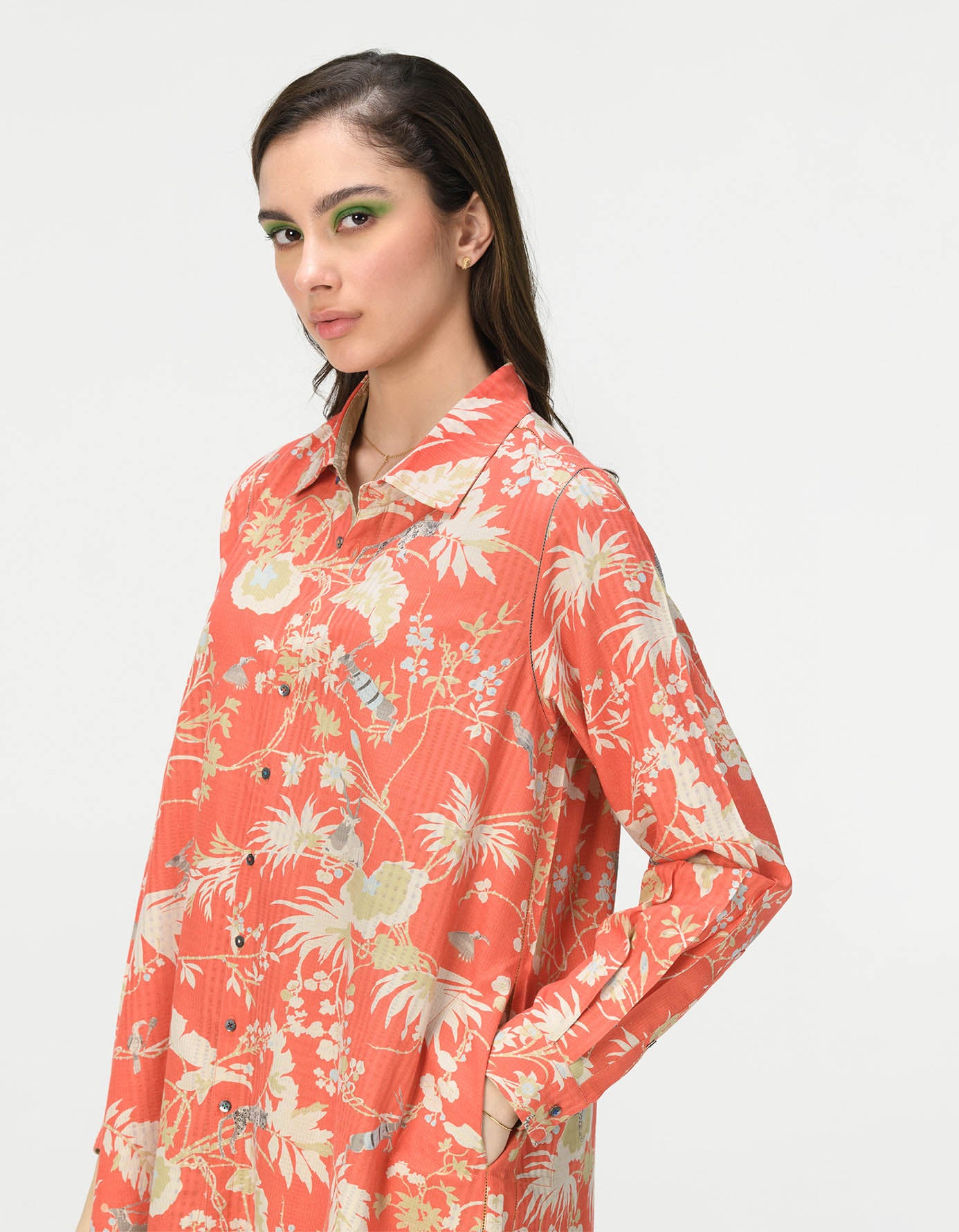 Oversized Cotton Silk Check Coral Shirt for Women - Casual Loose Fit Blouse for Summer, Beach, and Office Wear