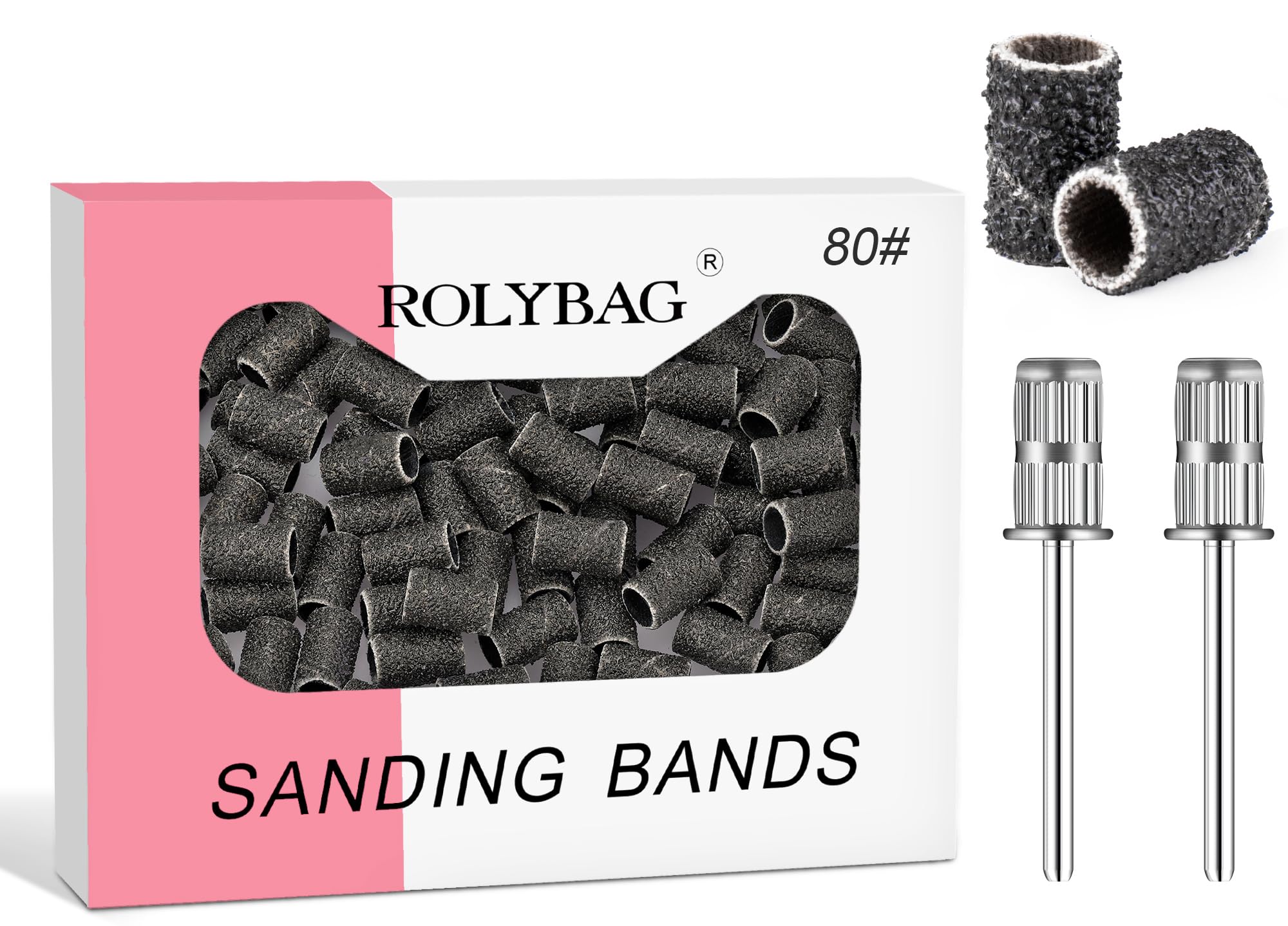 80# Professional Nail Sanding Bands for Nail Drill - 100 Coarse Sand Bands with 2 Mandrels (3/32